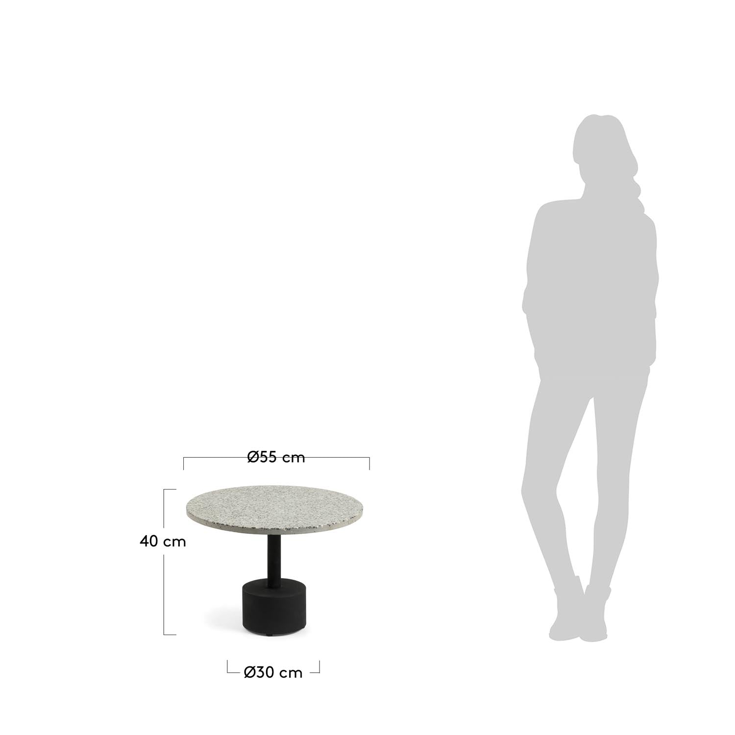 Delano Beistelltisch aus Terrazzo in Grau und Stahlbeine in Schwarz Ø 55 cm in Grau präsentiert im Onlineshop von KAQTU Design AG. Beistelltisch ist von Kave Home