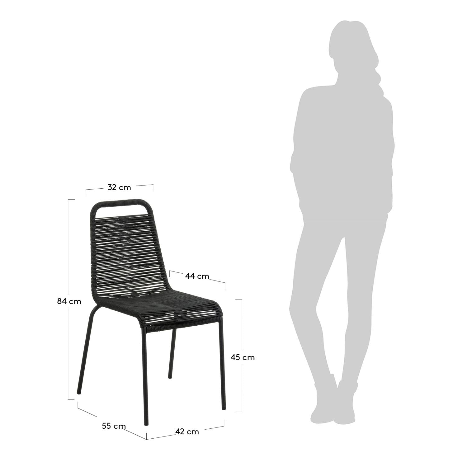 Eleganter stapelbarer Stuhl aus robustem schwarzen Seil und Stahl, perfekt für deinen Garten oder Balkon – für Komfort und Stil im Freien.