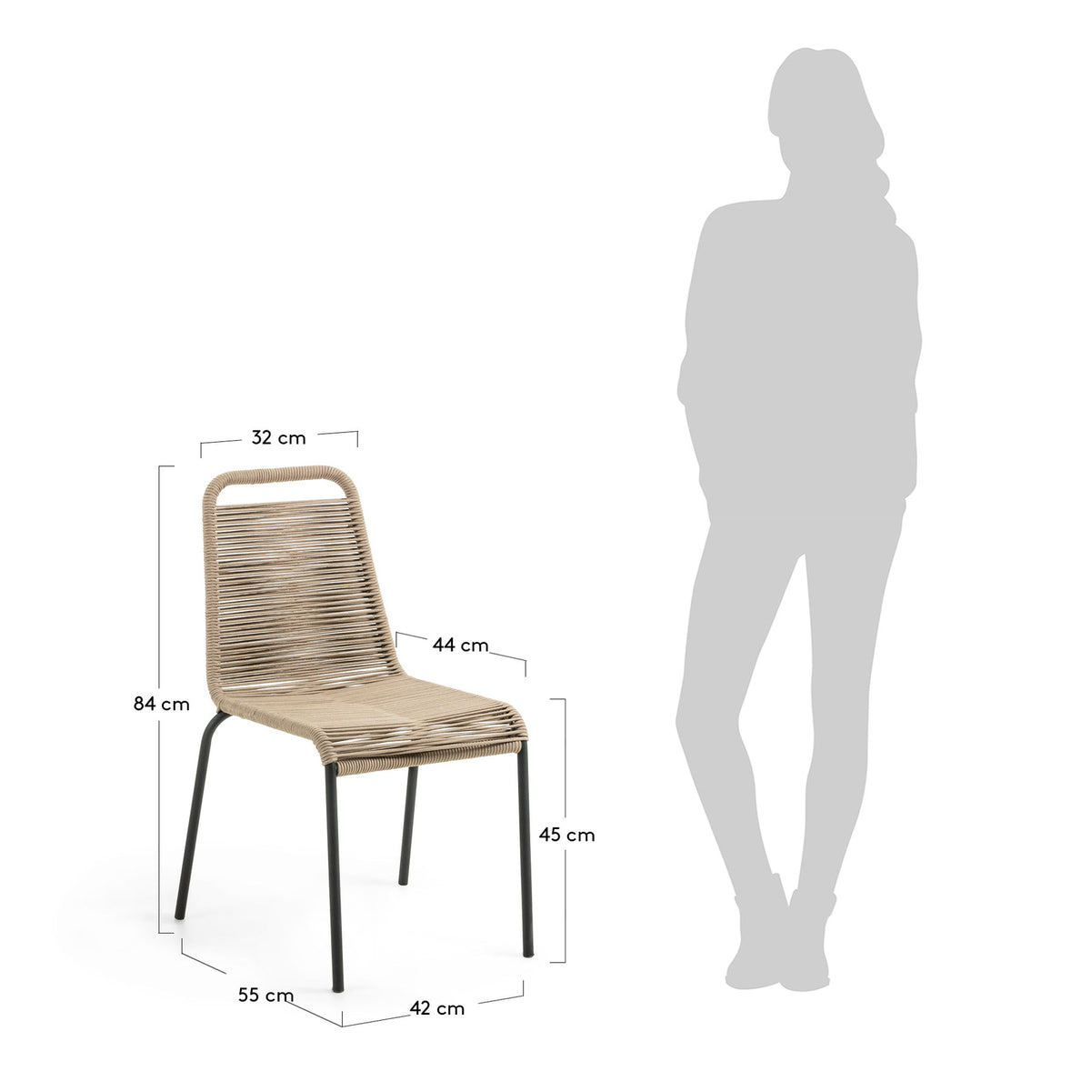 Stapelbarer Stuhl Lambton aus braunem Seil und Stahl mit schwarzem Finish in Braun, Schwarz präsentiert im Onlineshop von KAQTU Design AG. Gartenstuhl ist von Kave Home