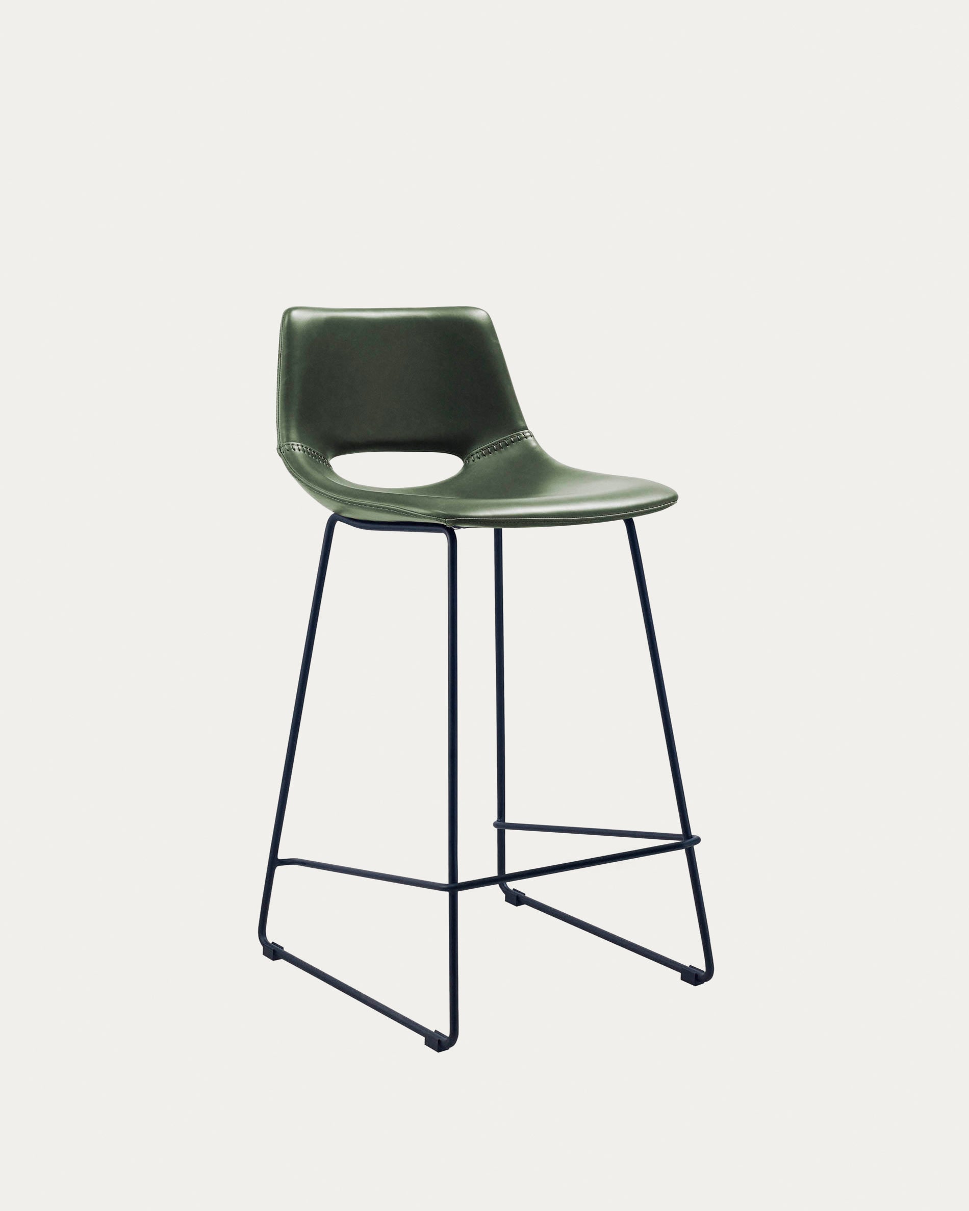 3D-Modell: Zahara Barhocker, grünes Kunstleder, schwarzer Stahl, 65 cm. Modern, stilvoll, ideal für Bar und Küche.