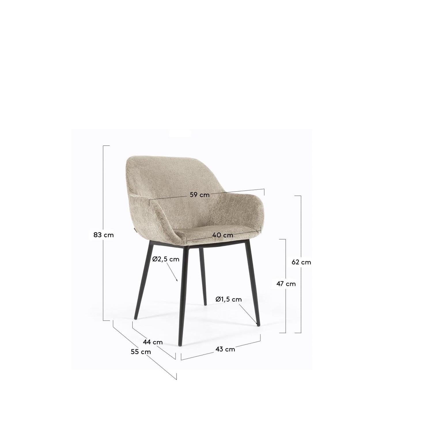 Entdecke den stilvollen Konna Stuhl mit beiger Chenille und robusten, schwarz lackierten Stahlbeinen – ideal für Komfort und modernes Design.