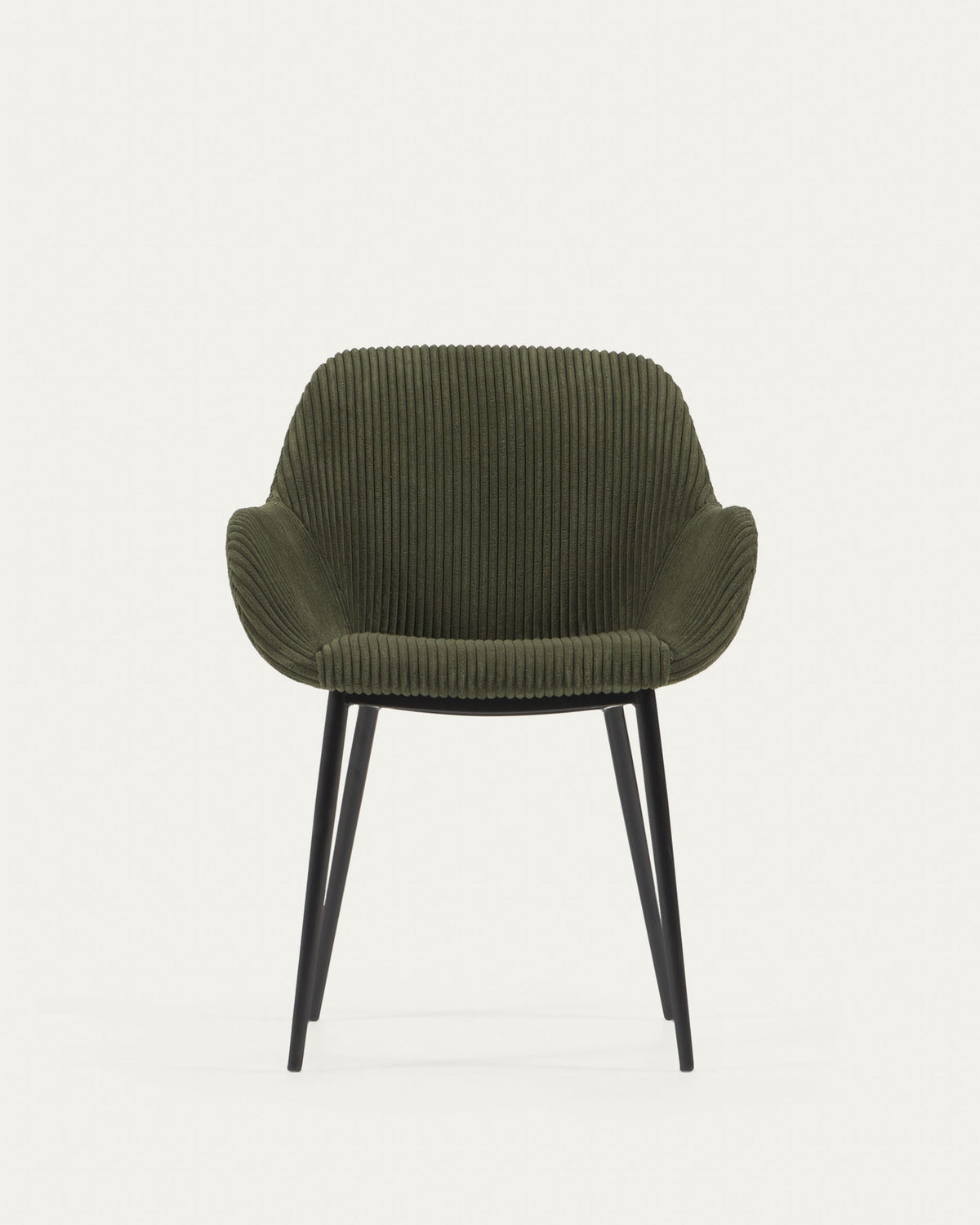 Konna Stuhl aus dunkelgrünem, breitem Cord mit schwarz lackierten Stahlbeinen in Grün präsentiert im Onlineshop von KAQTU Design AG. Stuhl mit Armlehne ist von Kave Home