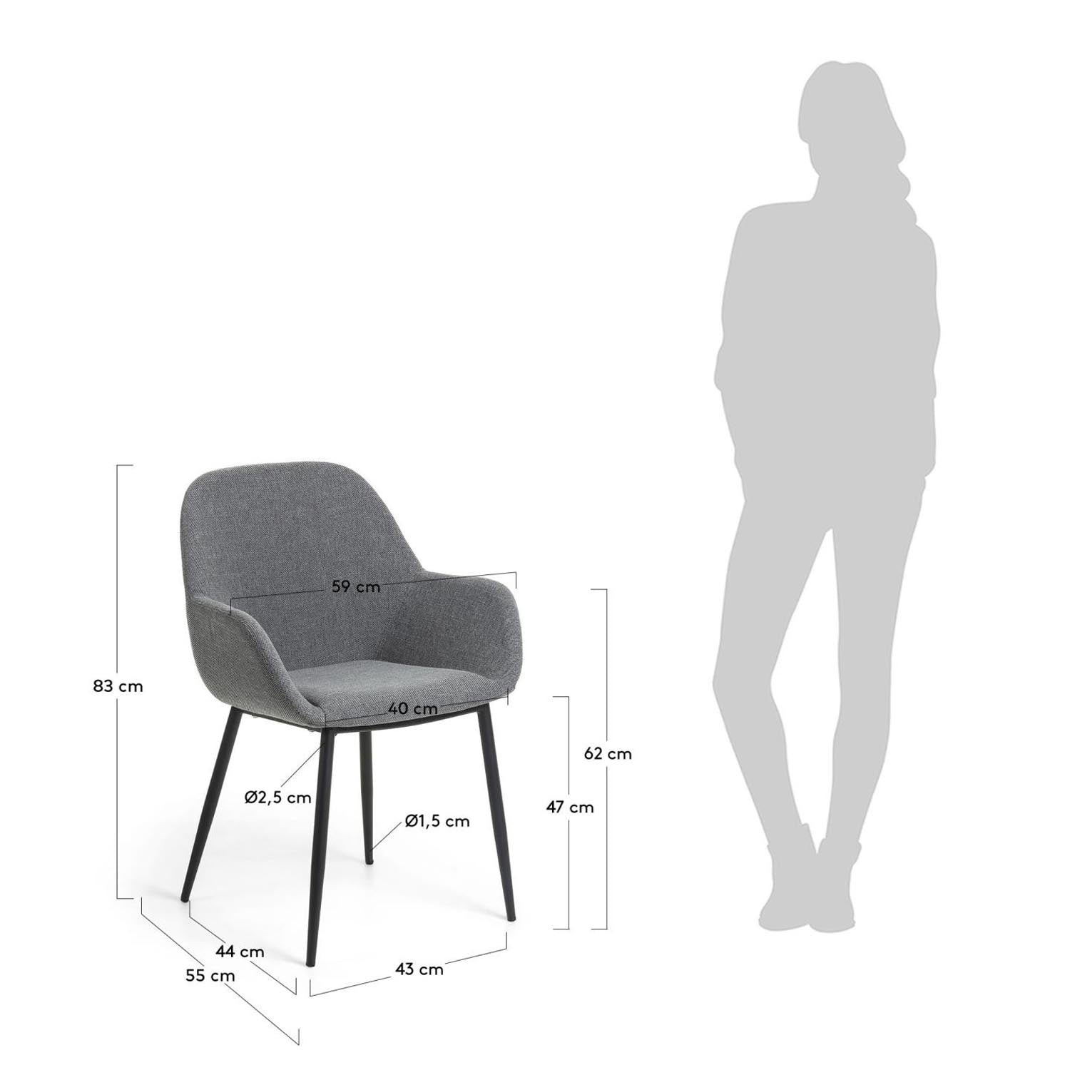 Entdecke den Konna Stuhl in Dunkelgrau mit eleganten schwarzen Stahlbeinen – der perfekte Mix aus Komfort und modernem Design für dein Esszimmer.