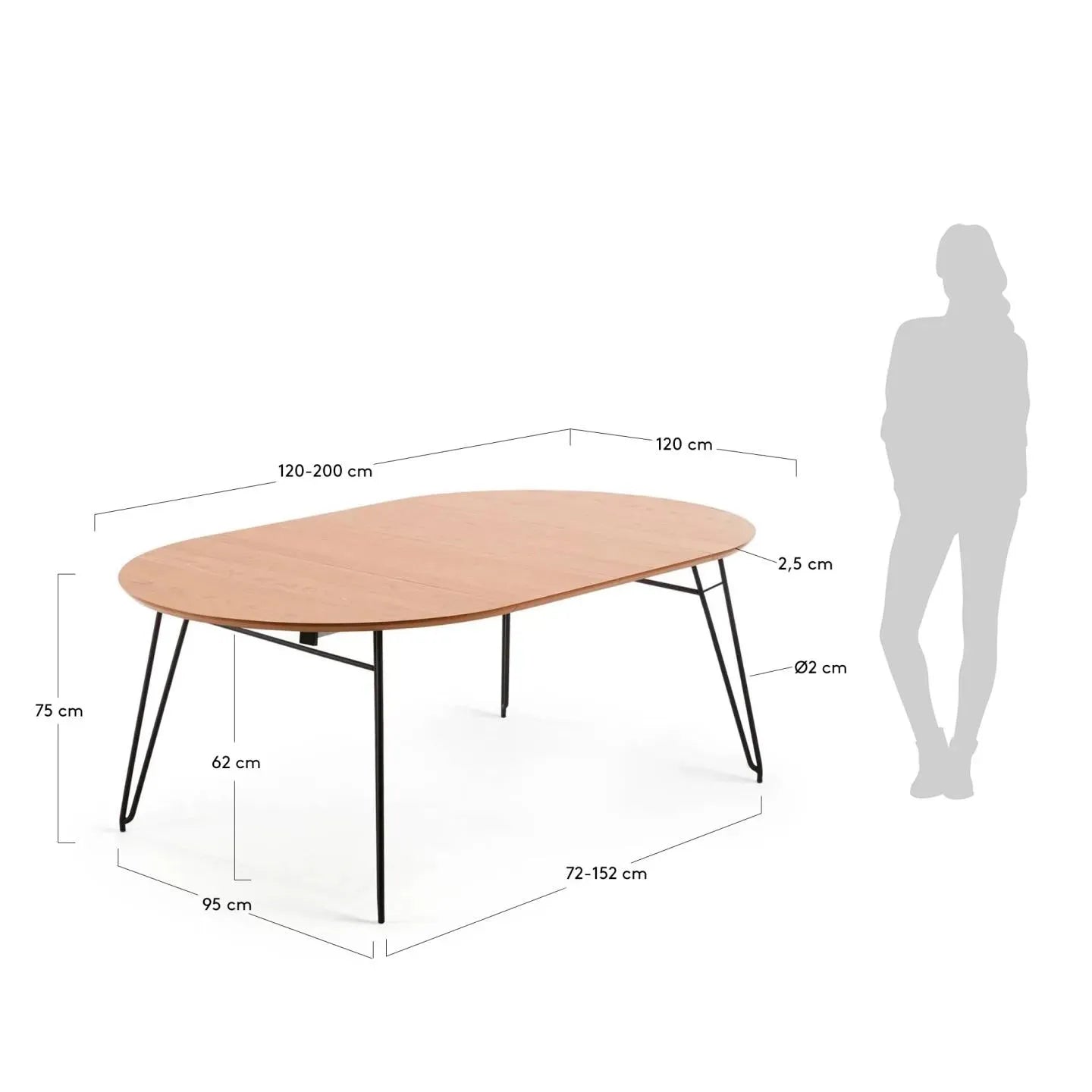 Moderner runder Tisch Novac, ausziehbar von 120 auf 200 cm, mit Eichenfurnier und schwarzen Stahlbeinen, ideal für stilvolle Räume.