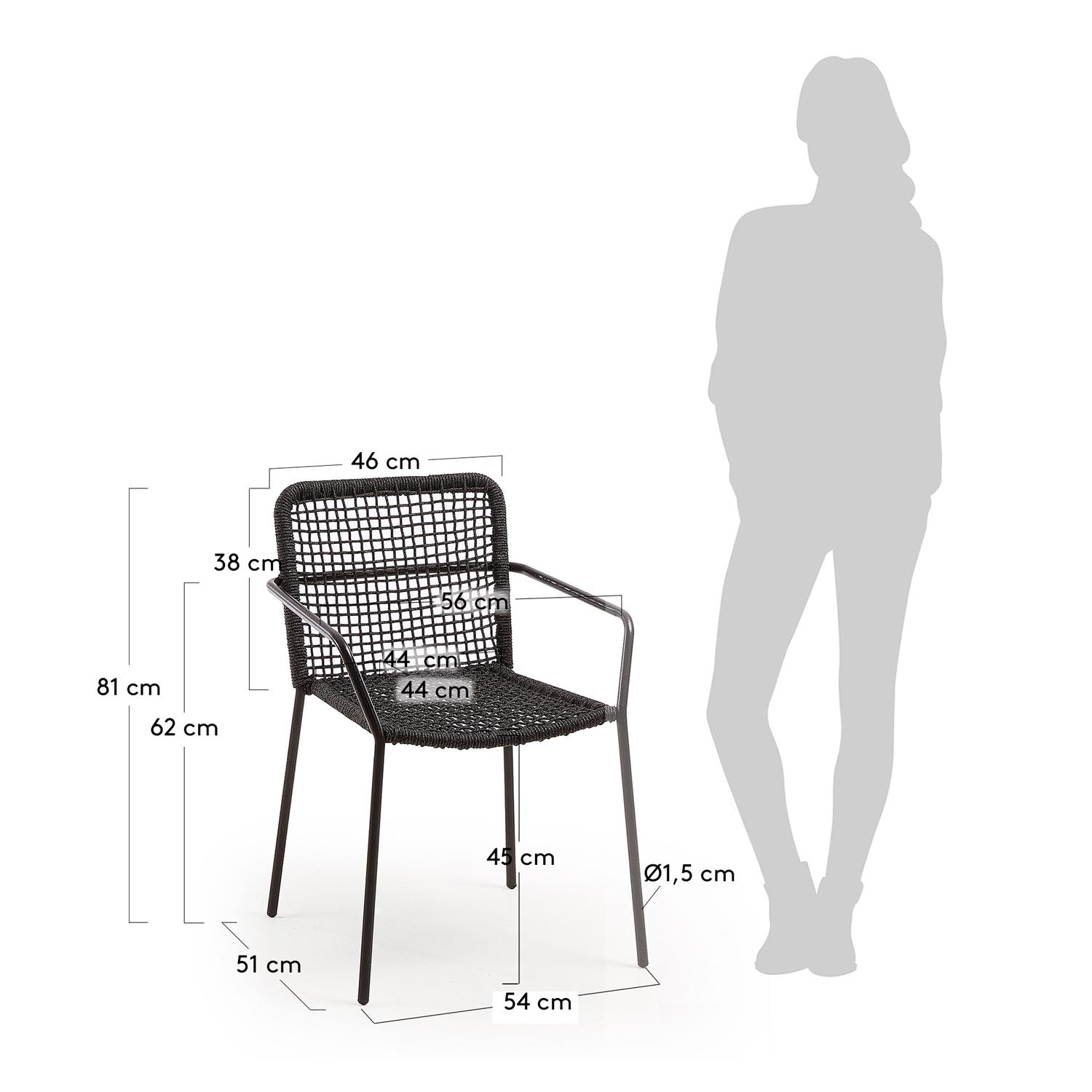 Eleganter Ellen Stuhl von Kave Home: stapelbar, aus robustem schwarzem Seil und verzinktem Stahl, ideal für jeden Außenbereich.