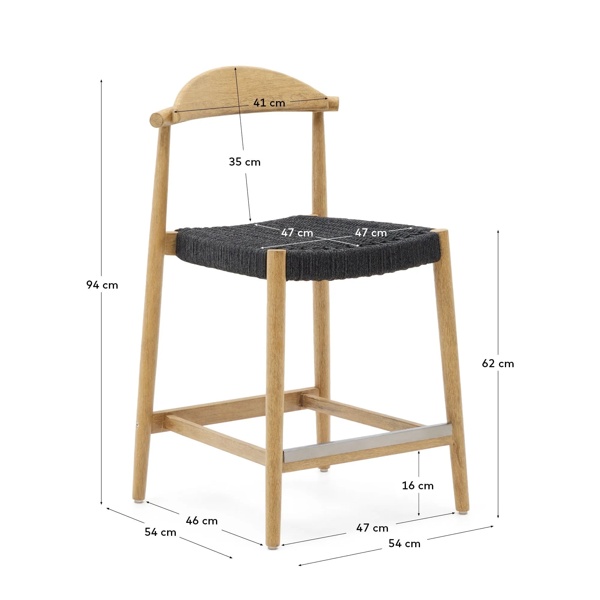 Eleganter Hocker aus Akazienholz mit natürlichem Finish, schwarzem Seil, 62 cm hoch, FSC-zertifiziert, nachhaltig und modern.