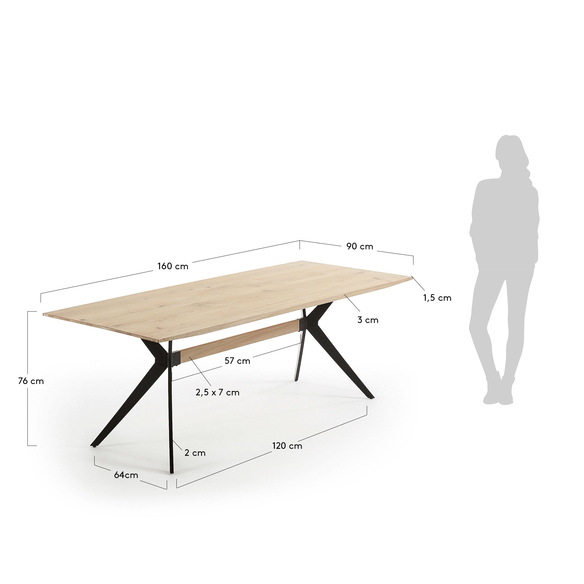 Eleganter Tisch mit gebleichtem Eichenfurnier, schwarzen Stahlbeinen, 160x90cm, modernes Design von Kave Home.