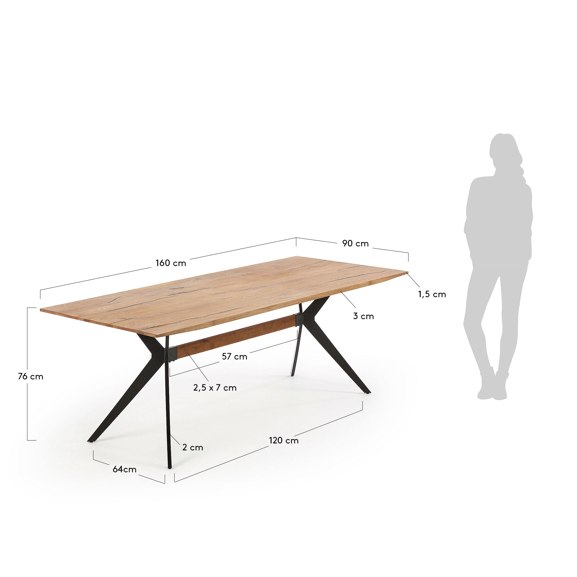 Erleben Sie den Amethyst Tisch von Kave Home: Elegantes Eichenfurnier mit Antikfinish, robuste Stahlbeine in Schwarz, perfekt für gesellige Abende.
