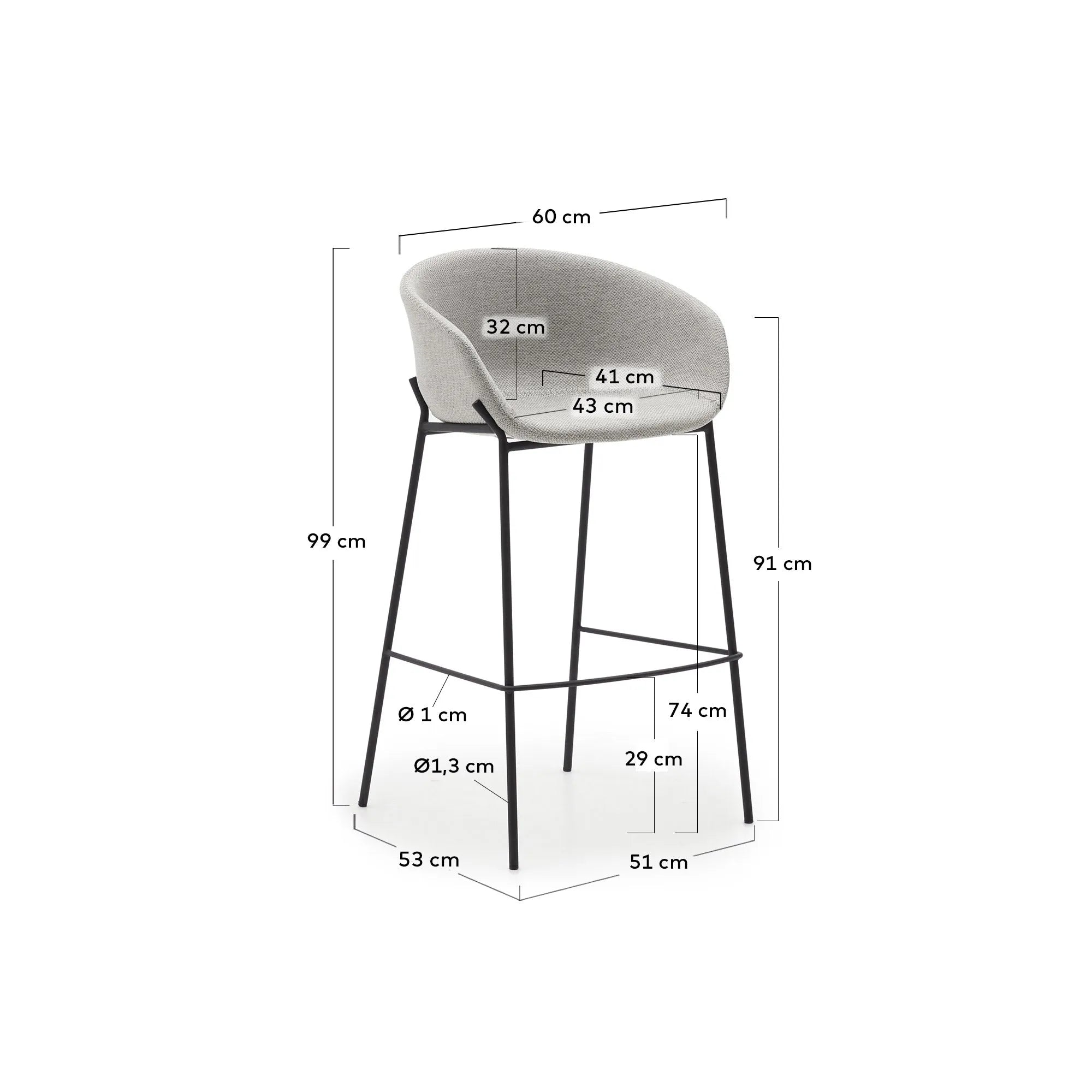 Eleganter Hocker Yvette mit hellgrauem Polstersitz und stabilen schwarzen Stahlbeinen, 75 cm hoch, perfekt für moderne Einrichtungen.