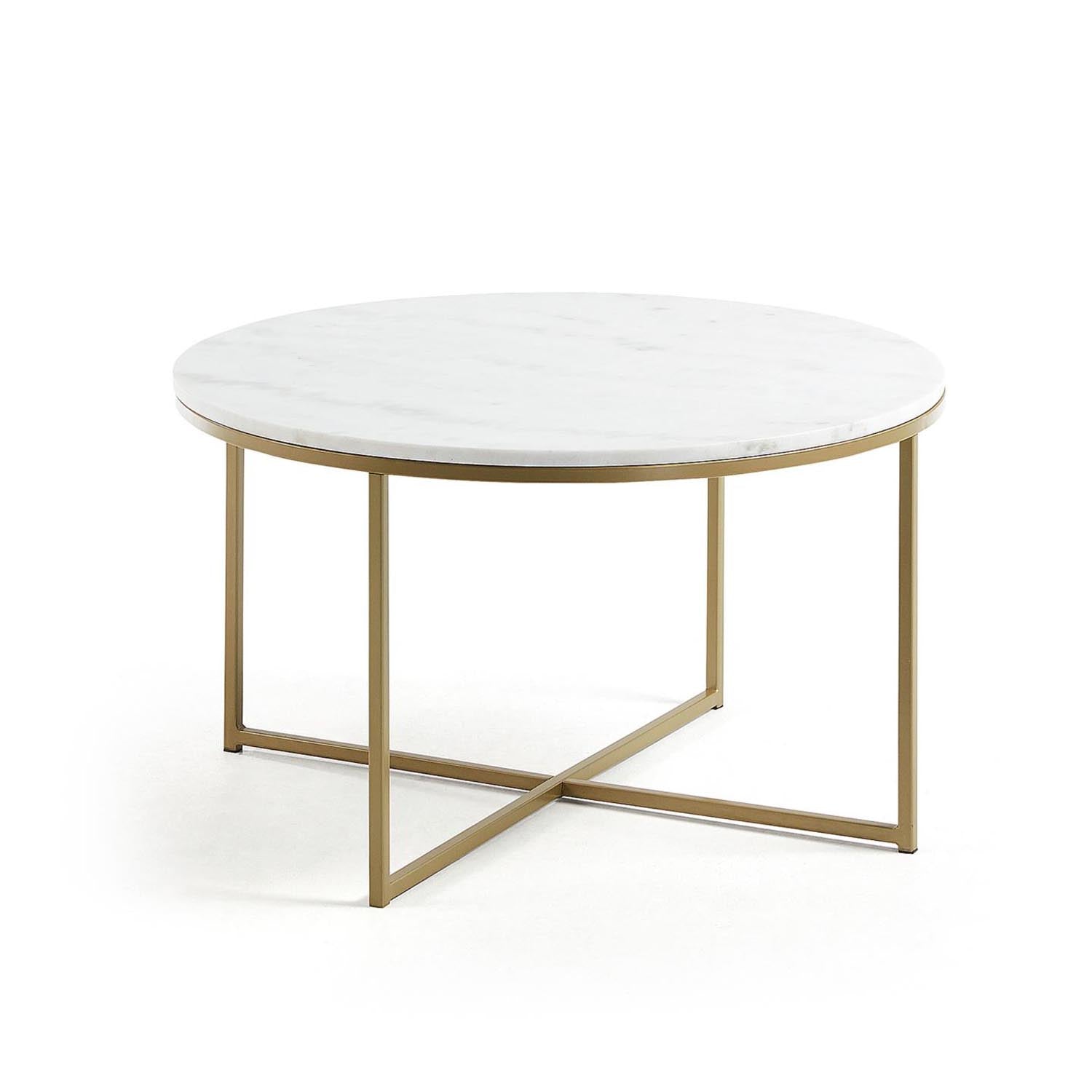 Eleganter Sheffield Couchtisch: Weisser Marmor, goldene Stahlbeine, Ø 80 cm. Zeitloses Design, luxuriös und stabil.