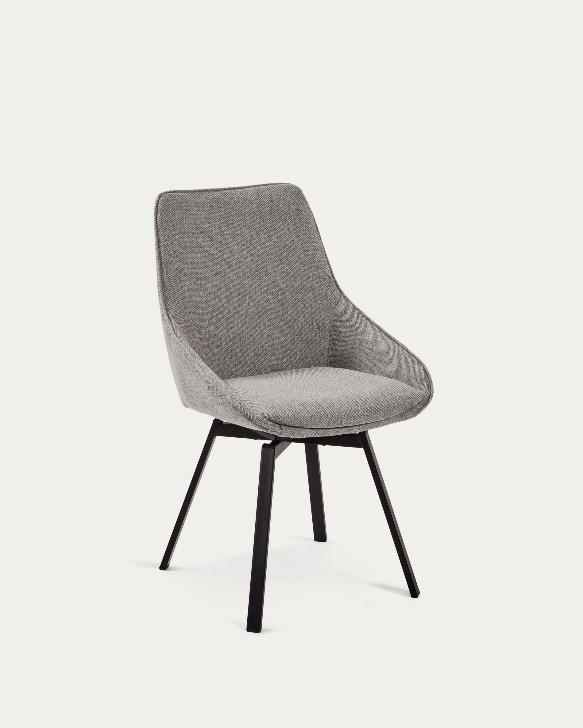 3D-Modell des Jenna Drehstuhls: hellgrauer Sitz, schwarze Stahlbeine, drehbar, stilvoll für Esszimmer oder Home Office.