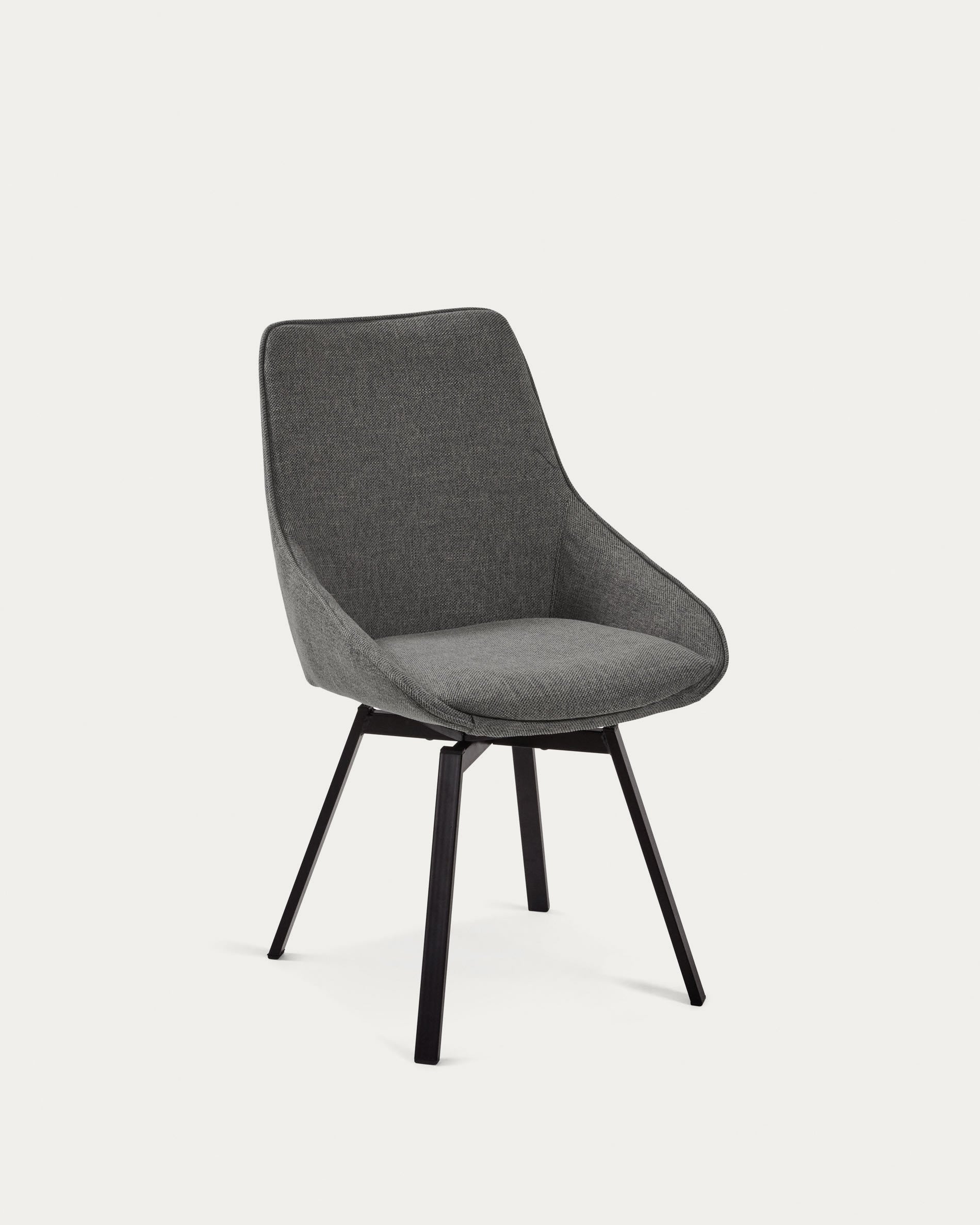 3D-Modell des Jenna Drehstuhls: Dunkelgrauer Sitz, schwarze Stahlbeine, ideal für stilvolle Esszimmer oder Büros.