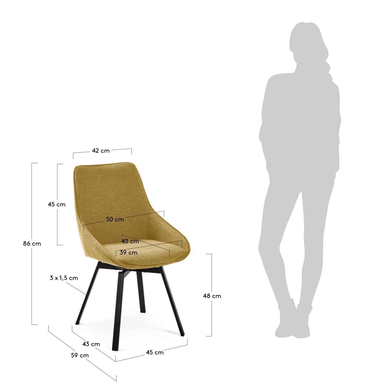 Jenna Drehstuhl in Senfgelb mit robusten Stahlbeinen und elegantem Finish. Ideal für Esszimmer und Home Office, vereint Stil und Komfort.