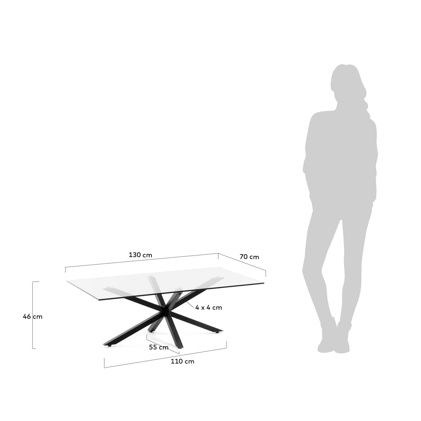 Moderner Argo Couchtisch 130 x 70 cm aus elegantem Glas und stabilen Stahlbeinen in mattschwarzem Finish, ideal für zeitgemäße Wohnkonzepte.