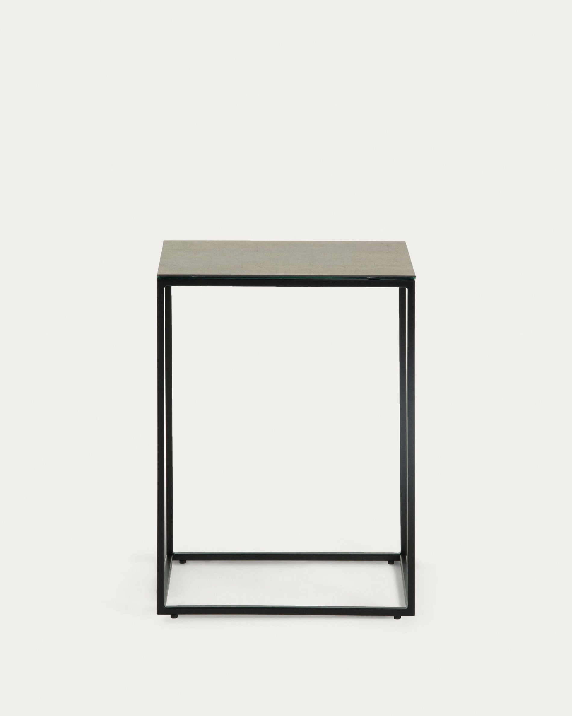 Eleganter Beistelltisch mit brauner Feinsteinzeugplatte und schwarzen Stahlbeinen, perfekt für moderne Wohnräume, Maße 45 x 30 cm.