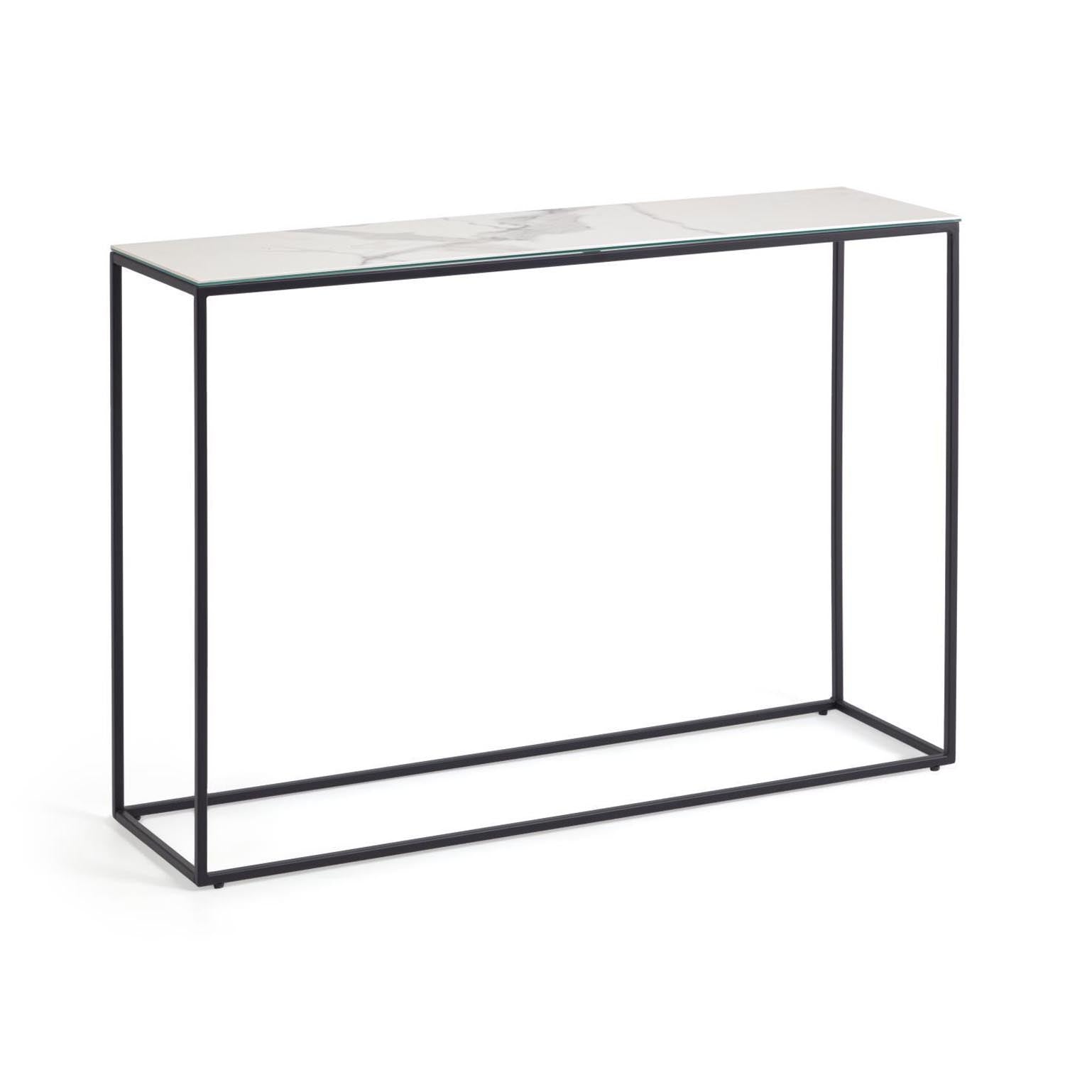 Eleganter Rewena Konsolentisch: Kalos Weiss Feinsteinzeug, stabiles Stahlgestell, 110x75 cm. Modern, nachhaltig, vielseitig einsetzbar.