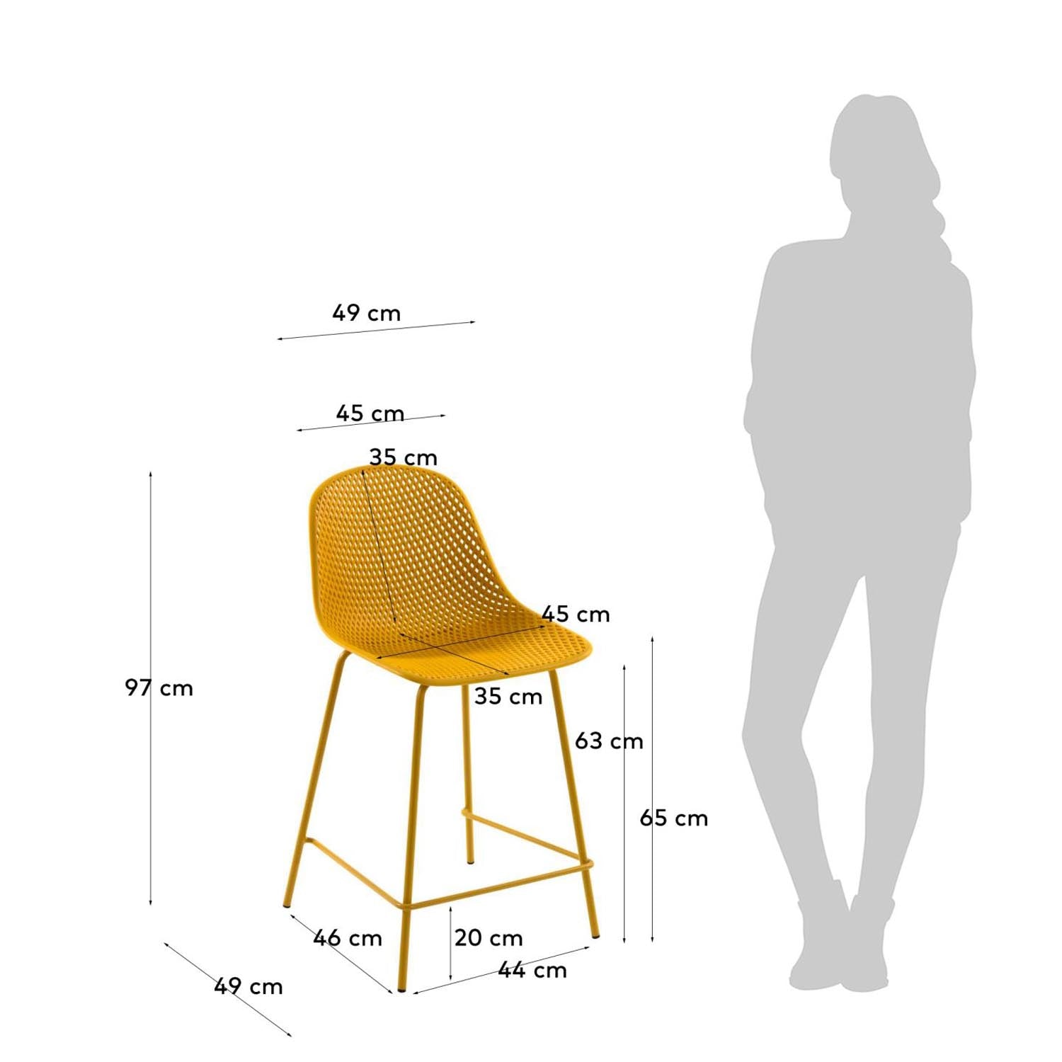 Stylischer Outdoor Hocker Quinby in leuchtendem Gelb (65 cm) von Kave Home – perfekt für Garten und Terrasse, robust und pflegeleicht.