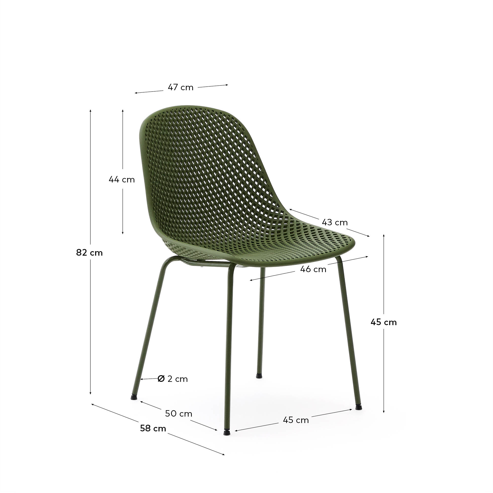 Eleganter Outdoor-Stuhl mit grünen Stahlbeinen, recycelbarem Kunststoff, wetterfest und stapelbar für stilvolle Gärten.