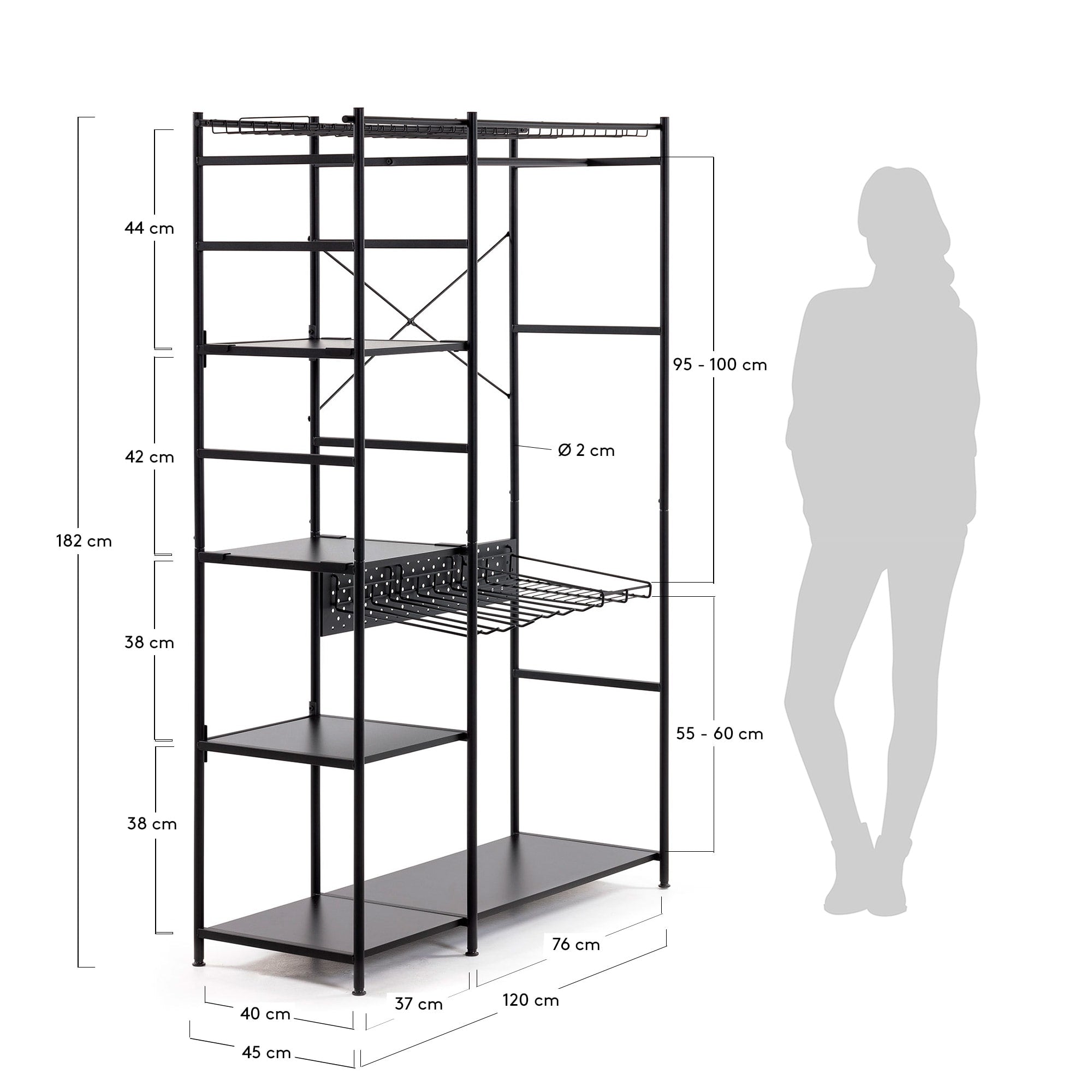 Eleganter, offener Schrank von Kave Home: Schwarzes Finish, 120x182 cm, ideal für stilvolle Organisation.