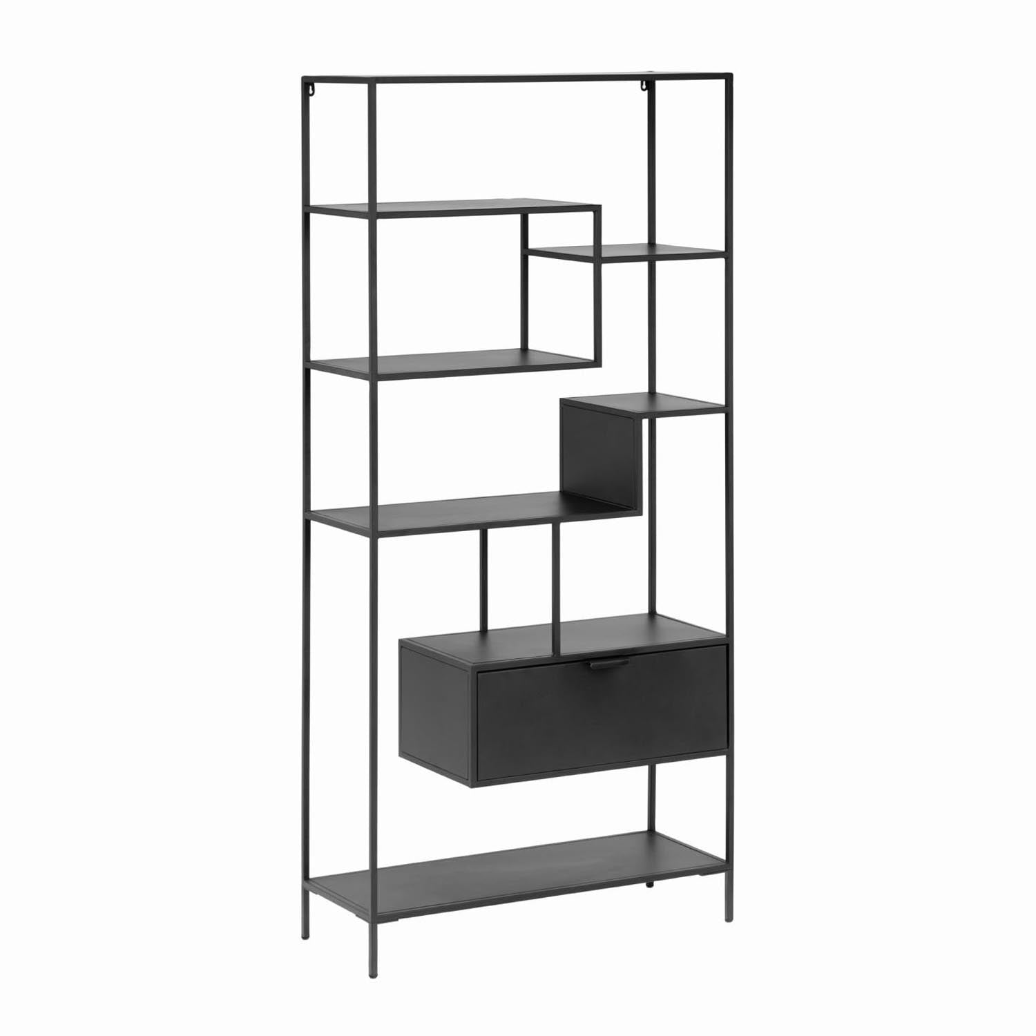 3D-Modell eines schwarzen Stahlregals im Industrial-Stil, 80x168 cm, ideal für Bücher und Deko, robust und elegant.
