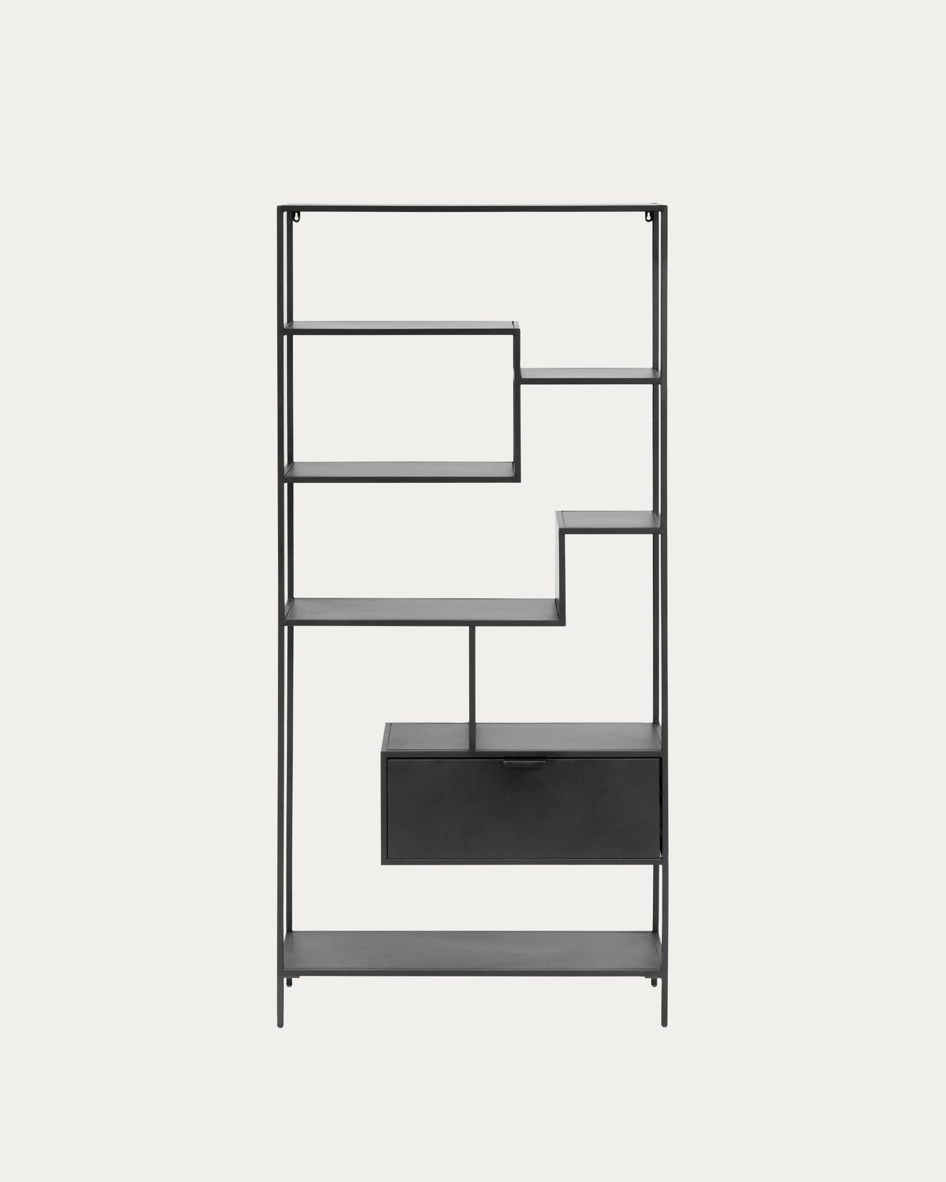 3D-Modell eines schwarzen Stahlregals im Industrial-Stil, 80x168 cm, ideal für Bücher und Deko, robust und elegant.