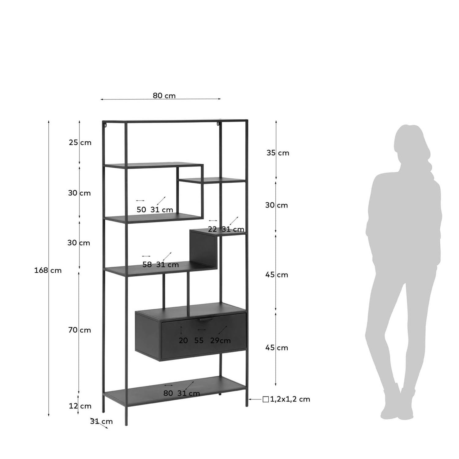 Elegantes Kave Home Shantay Regal, 80x168 cm, schwarzer Stahl.