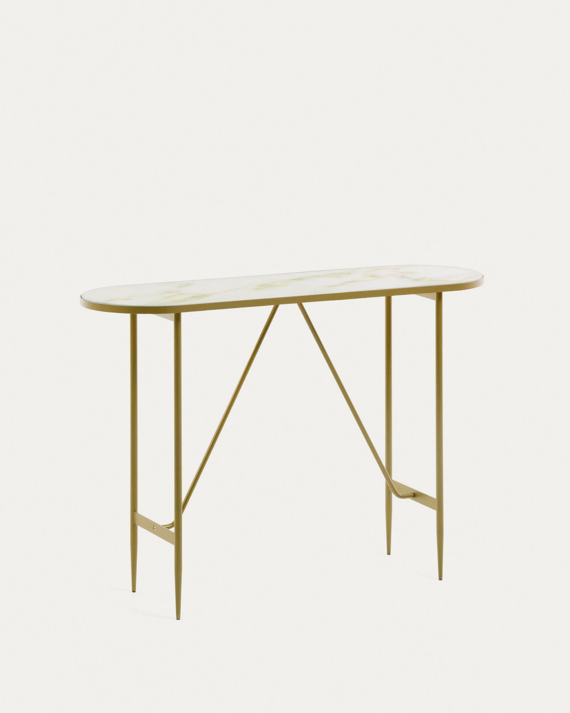 Elegante Konsole von Kave Home mit goldfarbenem Gestell und Marmorplatte, 110 x 76 cm. Ideal für ein modernes und luxuriöses Interieur.