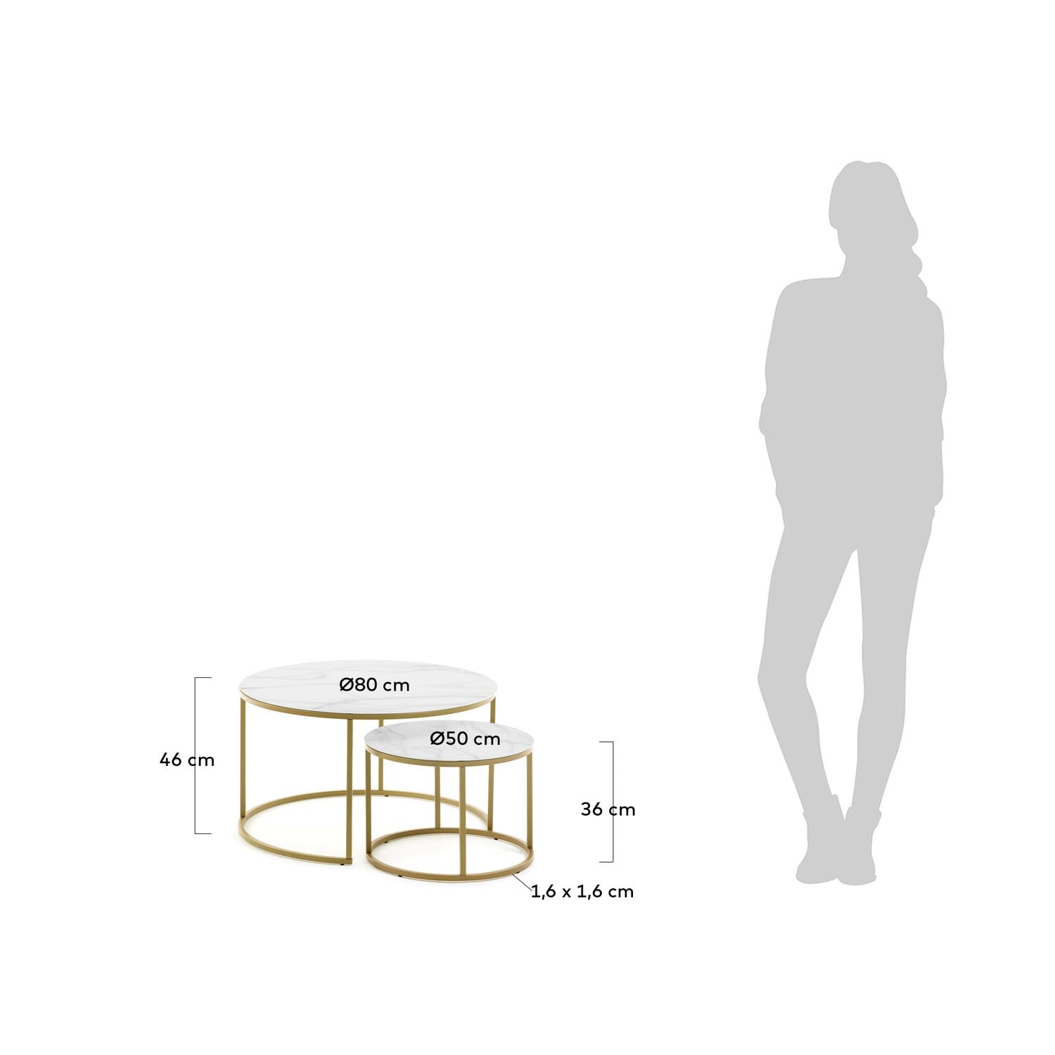 Leonor Set 2 Beistelltische aus weißem Glas und Stahl mit goldenem Finish Ø 80 cm/Ø 50 cm in Weiß, Gold präsentiert im Onlineshop von KAQTU Design AG. Beistelltisch ist von Kave Home