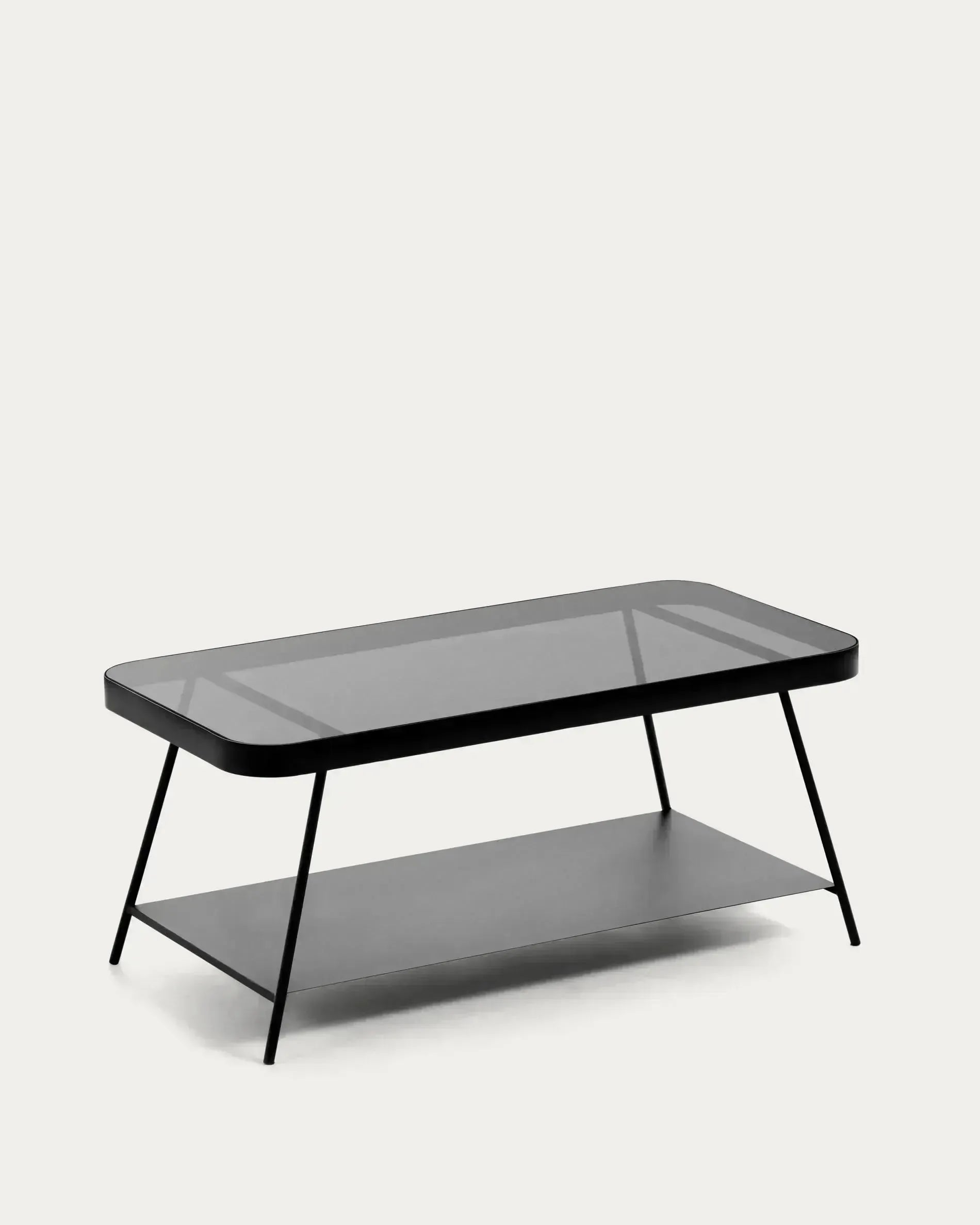 Moderner Couchtisch mit rauchgrauer Glasplatte und schwarzem Stahlgestell, 90x45 cm, ideal für stilvolle Wohnräume.