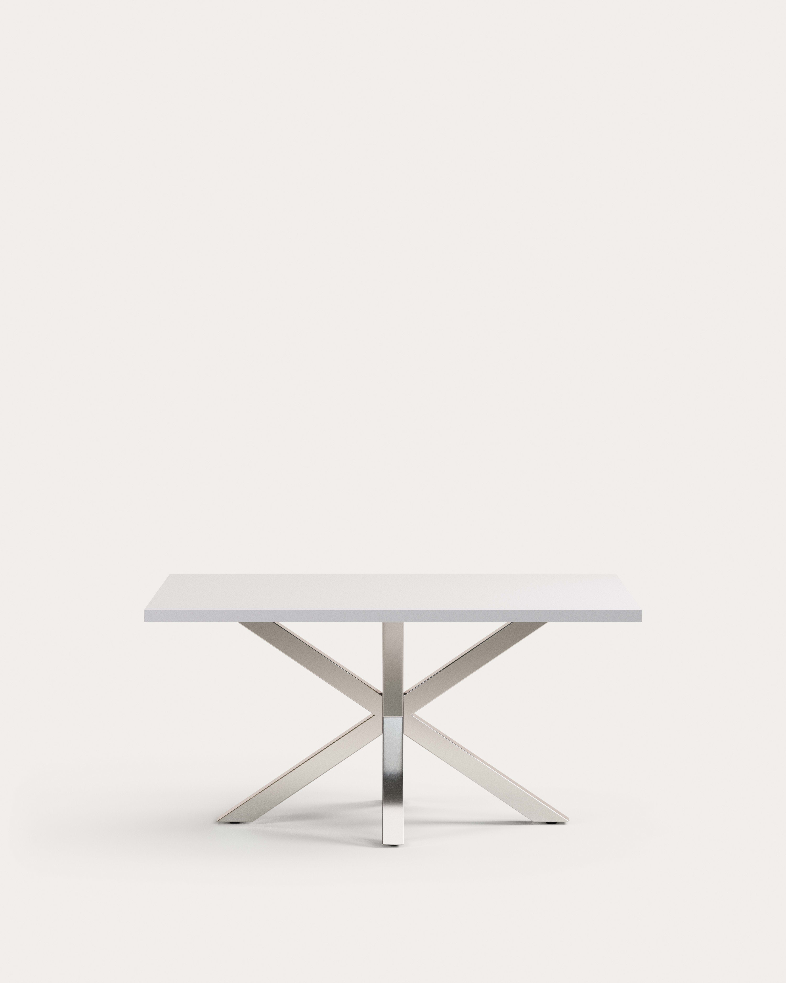 3D-Modell des Argo Tischs: Weisse Melaminplatte, Edelstahlbeine, 160x100 cm, modern und robust.