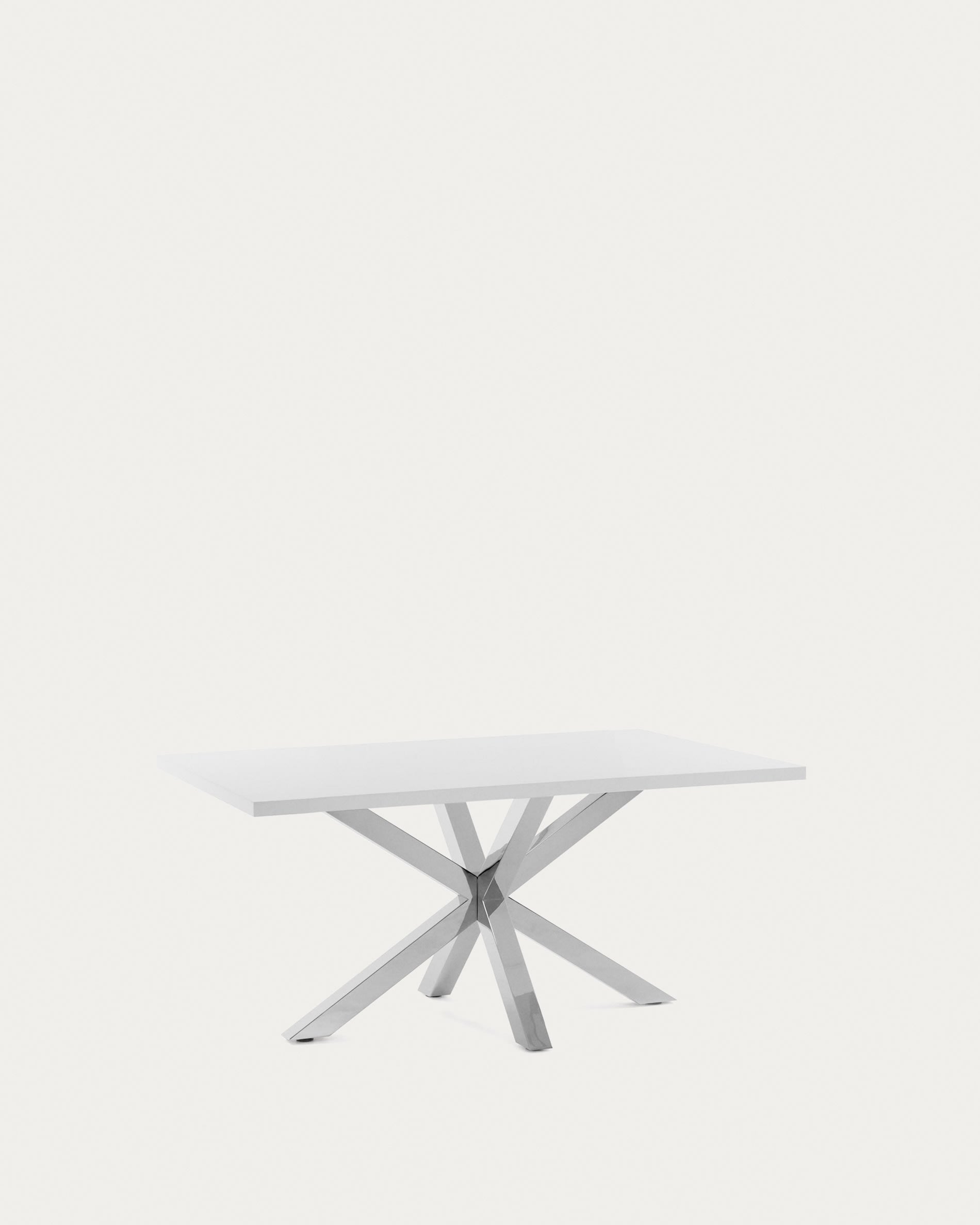 Eleganter Argo Tisch 160x100 cm, weiße Melaminplatte, Edelstahlbeine, modern und vielseitig, perfekt für Wohn- oder Arbeitsräume.