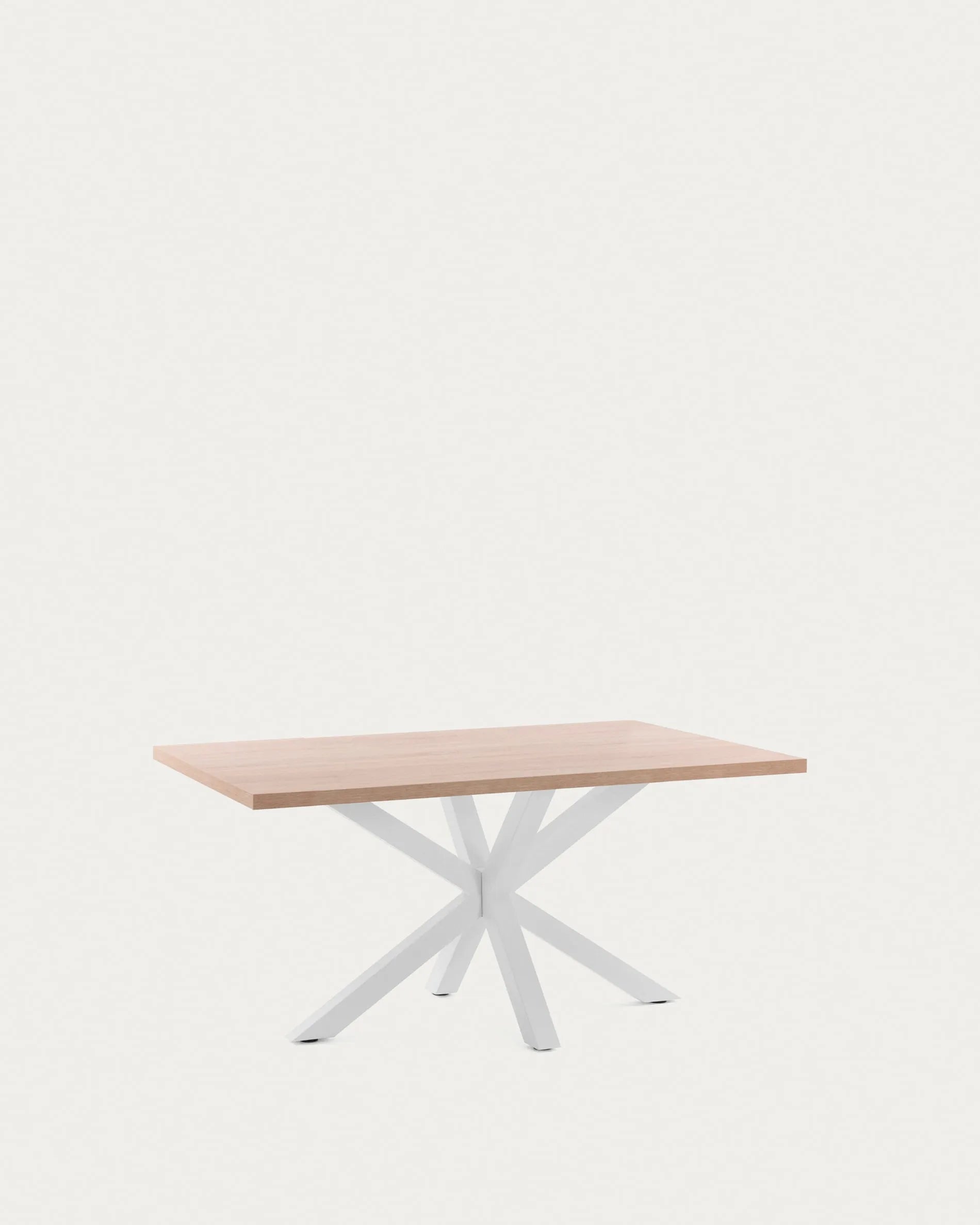 Tisch Argo 160x100 cm, Melamin in Natur-Optik, weiße Stahlbeine, modernes Design, ideal für Esszimmer oder Büro.