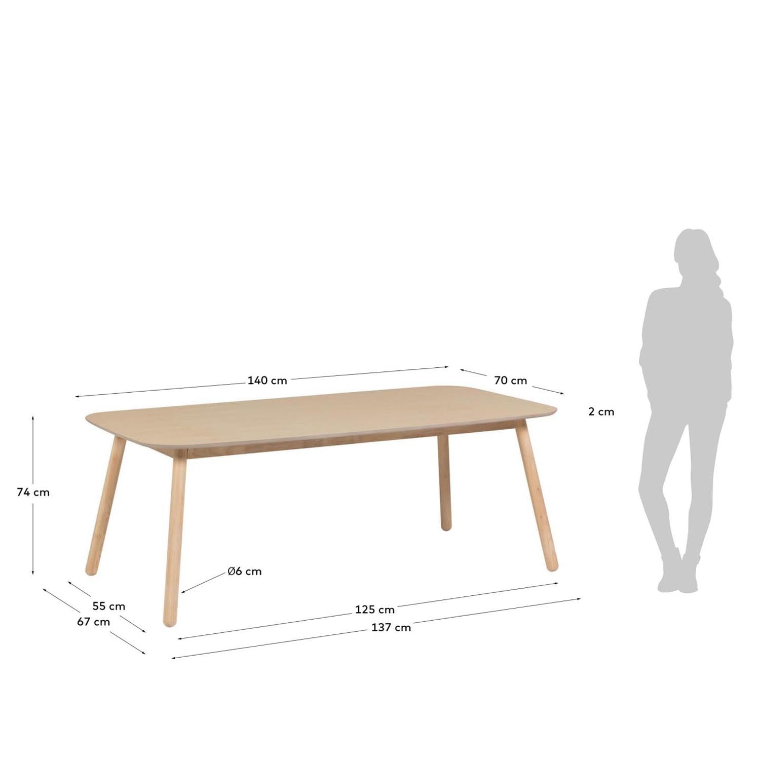 Batilde Tisch aus massivem Kautschuk mit Eschenfurnier 140 x 70 cm in Natur präsentiert im Onlineshop von KAQTU Design AG. Esstisch ist von Kave Home