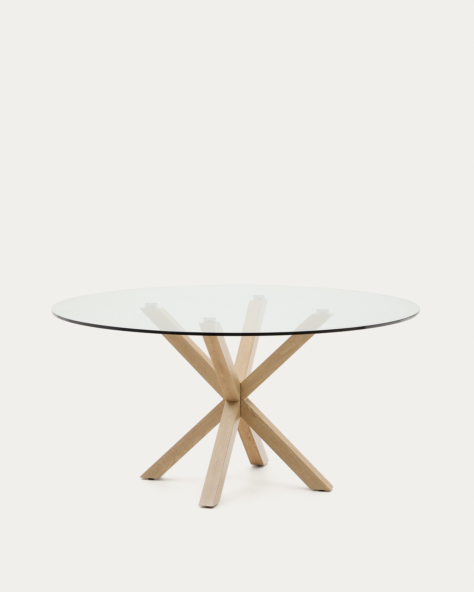 3D-Modell: Runder Glastisch Ø150 cm, Stahlbeine in Holzoptik, modern und stabil, ideal für gesellige Runden.