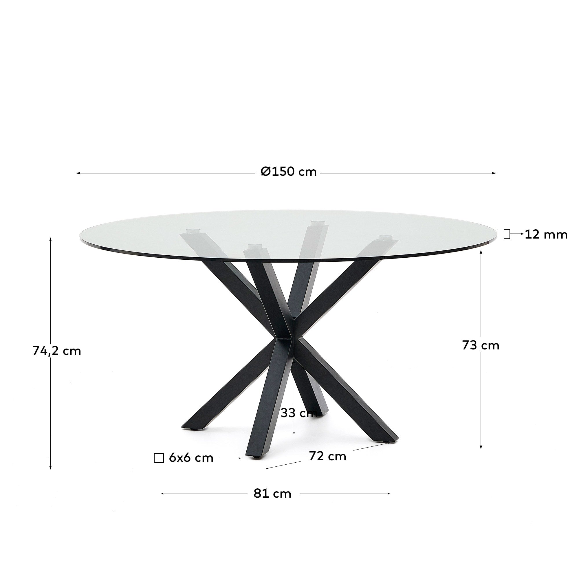 Der Argo Glastisch vereint modernes Design mit Funktionalität: Glasplatte, Stahlbeine in Holzoptik, Ø 150 cm.