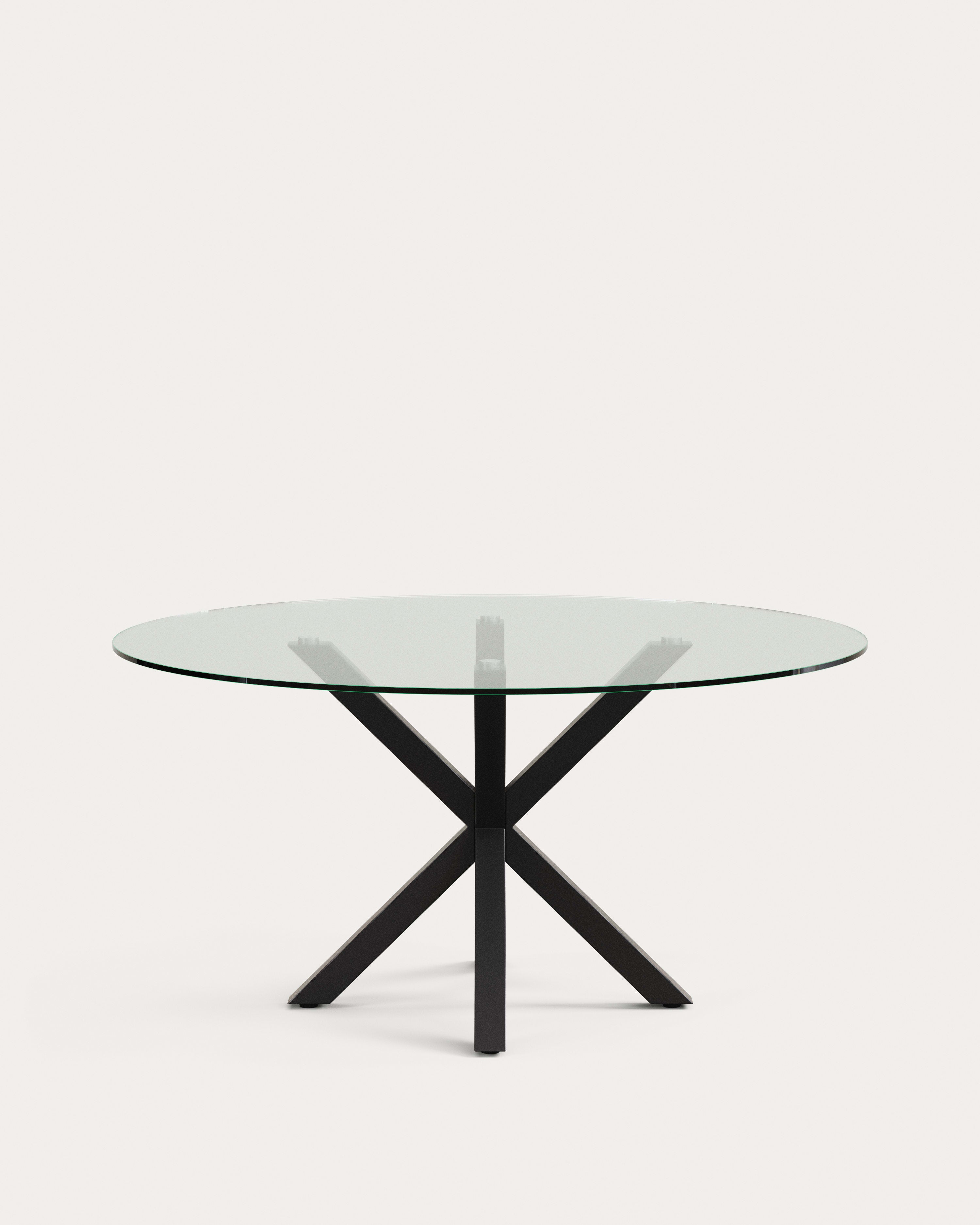 3D-Modell: Runder Esstisch Argo, Glasplatte, schwarze Stahlbeine, Ø 150 cm, modern und funktional.
