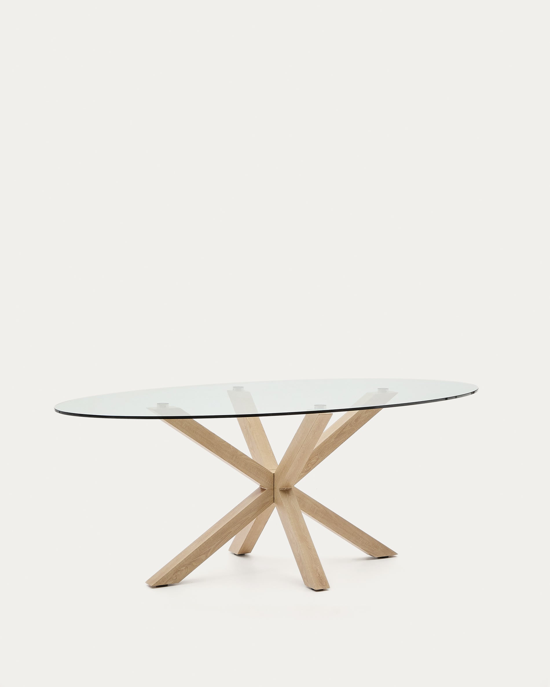 Eleganter ovaler Tisch Argo mit Glasplatte und Stahlbeinen in Holzoptik, 200 x 100 cm, ideal für moderne Wohnräume, von Kave Home.