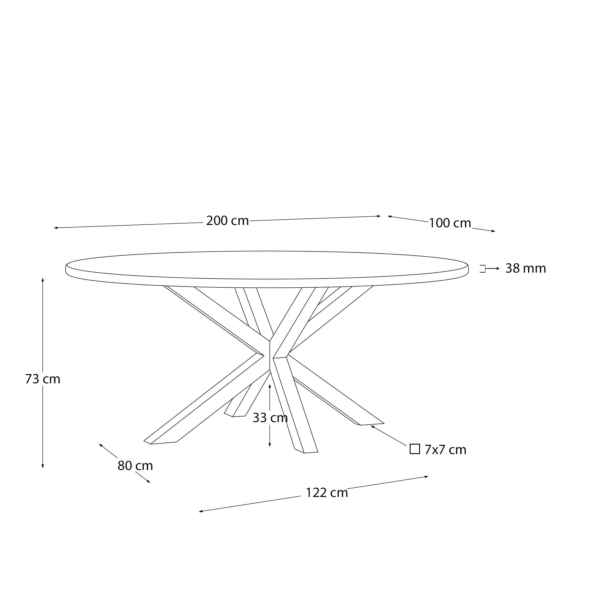 Eleganter ovaler Tisch Argo aus massivem Akazienholz, 200 x 100 cm, mit stabilen Stahlbeinen in Holzoptik, von Kave Home.