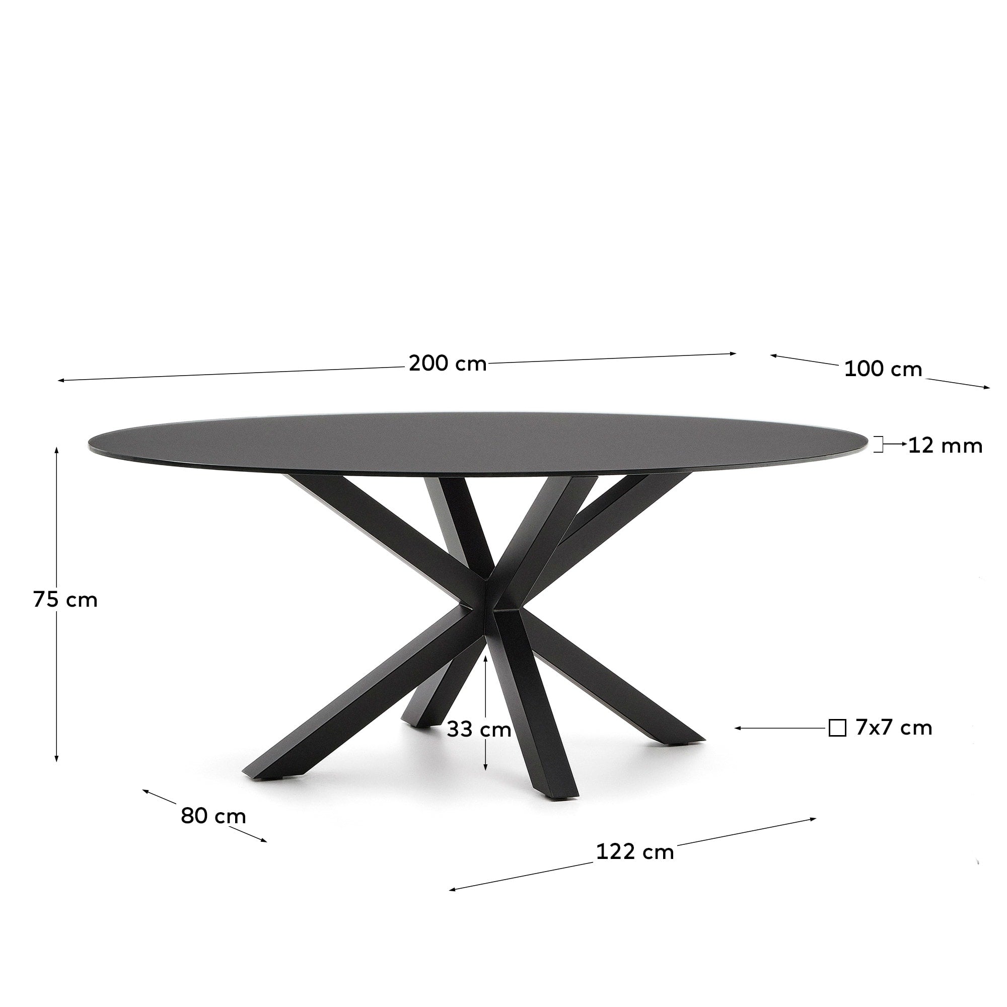Moderner Argo Tisch: Transparente Glasplatte, schwarze Stahlbeine, 200x100 cm, perfekt für stilvolle Wohn- und Essbereiche.