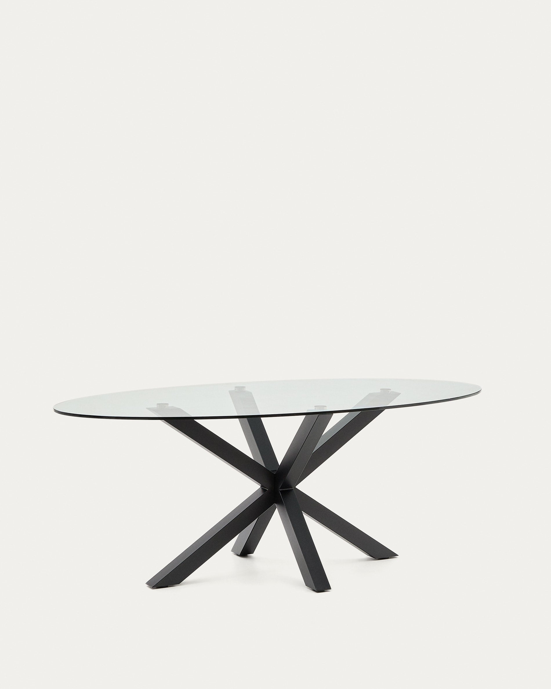 Eleganter ovaler Tisch Argo mit Glasplatte und schwarzen Stahlbeinen, Maße Ø 200 x 100 cm, ideal für modernes Wohndesign.