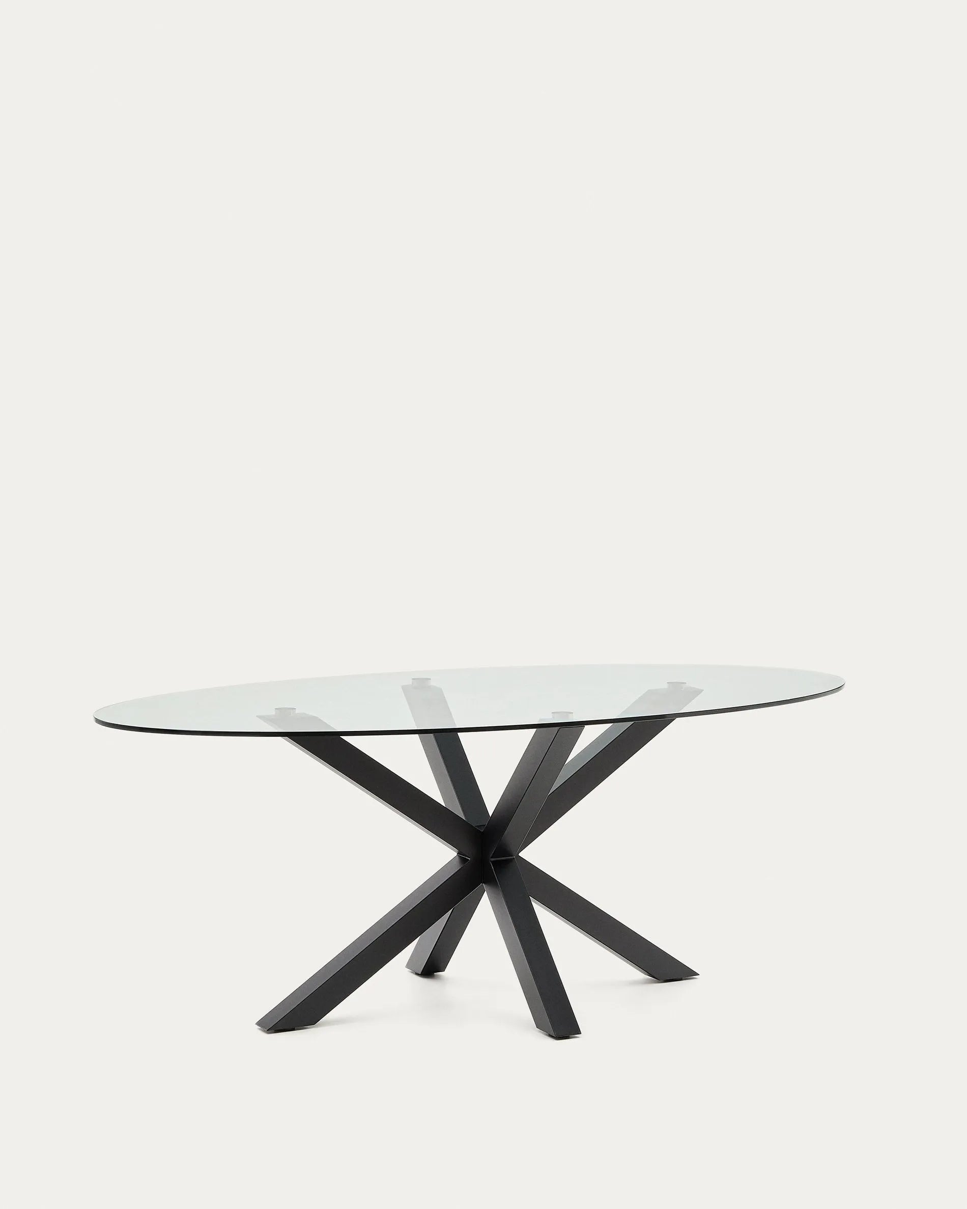 Eleganter ovaler Tisch Argo mit Glasplatte und schwarzen Stahlbeinen, 200 x 100 cm, ideal für moderne und stilvolle Einrichtungen.