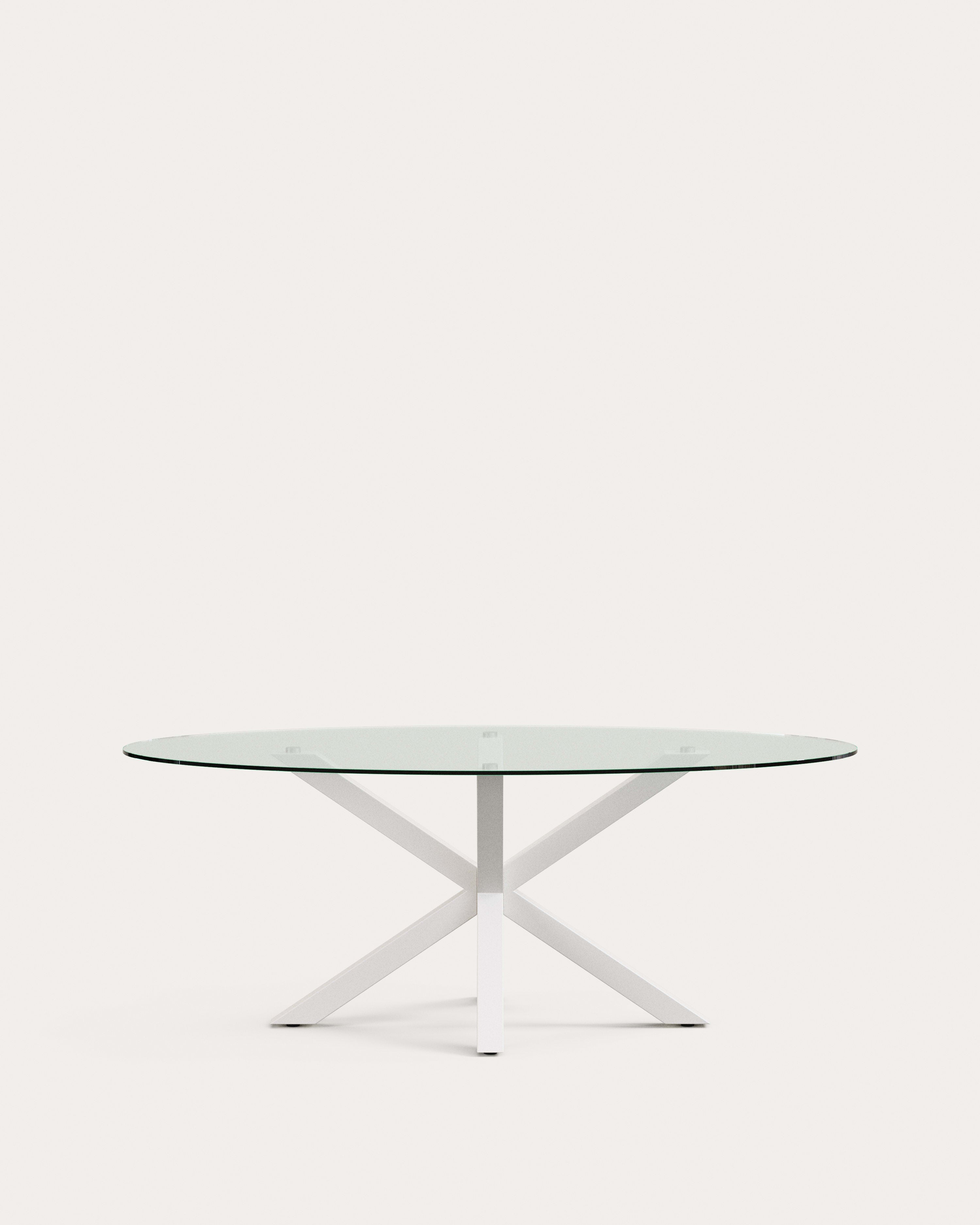 Ovaler Tisch Argo: Glasplatte, weiße Stahlbeine, Ø 200x100 cm, elegant und funktional, ideal für gesellige Anlässe.