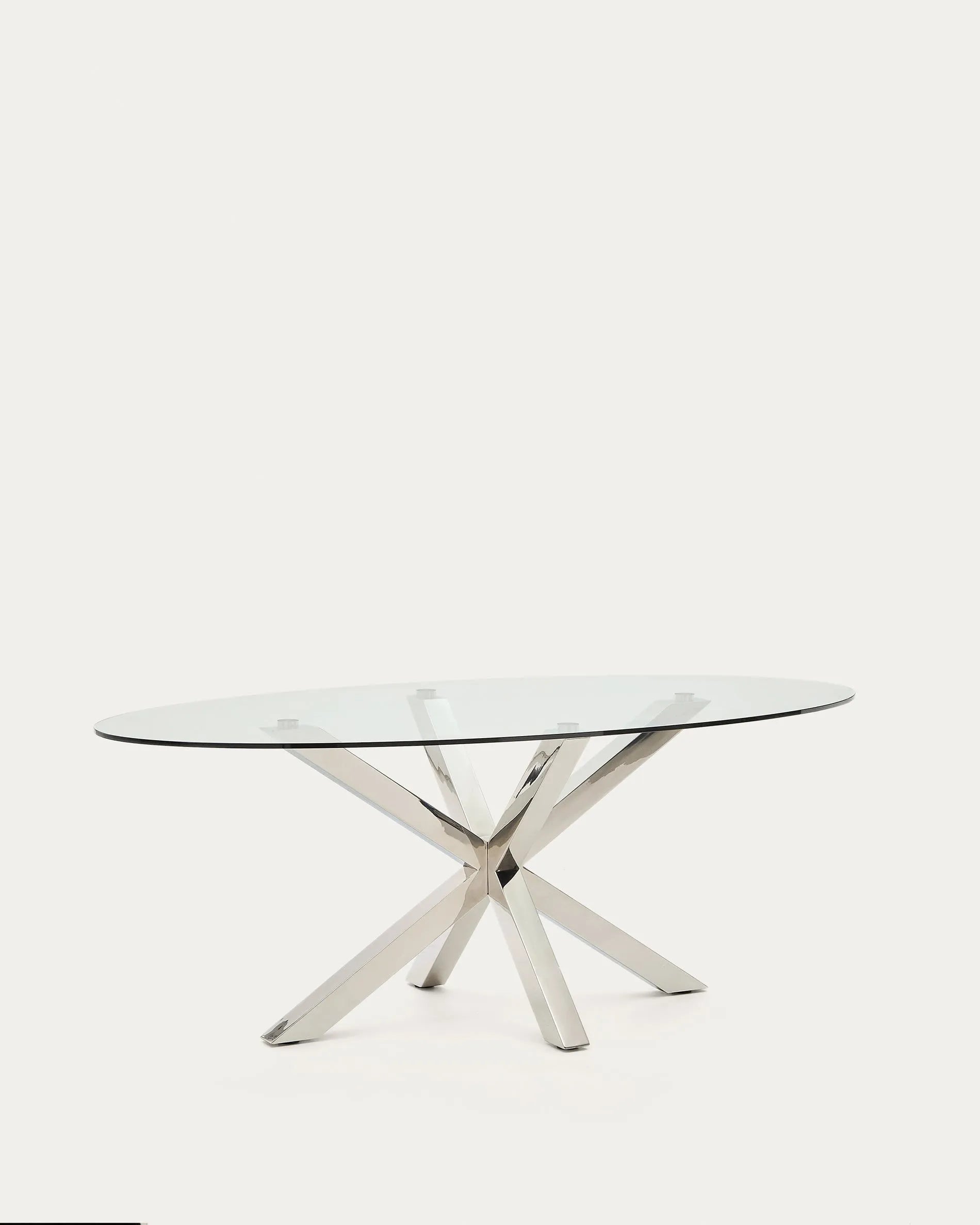 Eleganter ovaler Glastisch Argo mit robusten Edelstahlbeinen, Maße Ø 200 x 100 cm, ideal für modernes Wohnen.