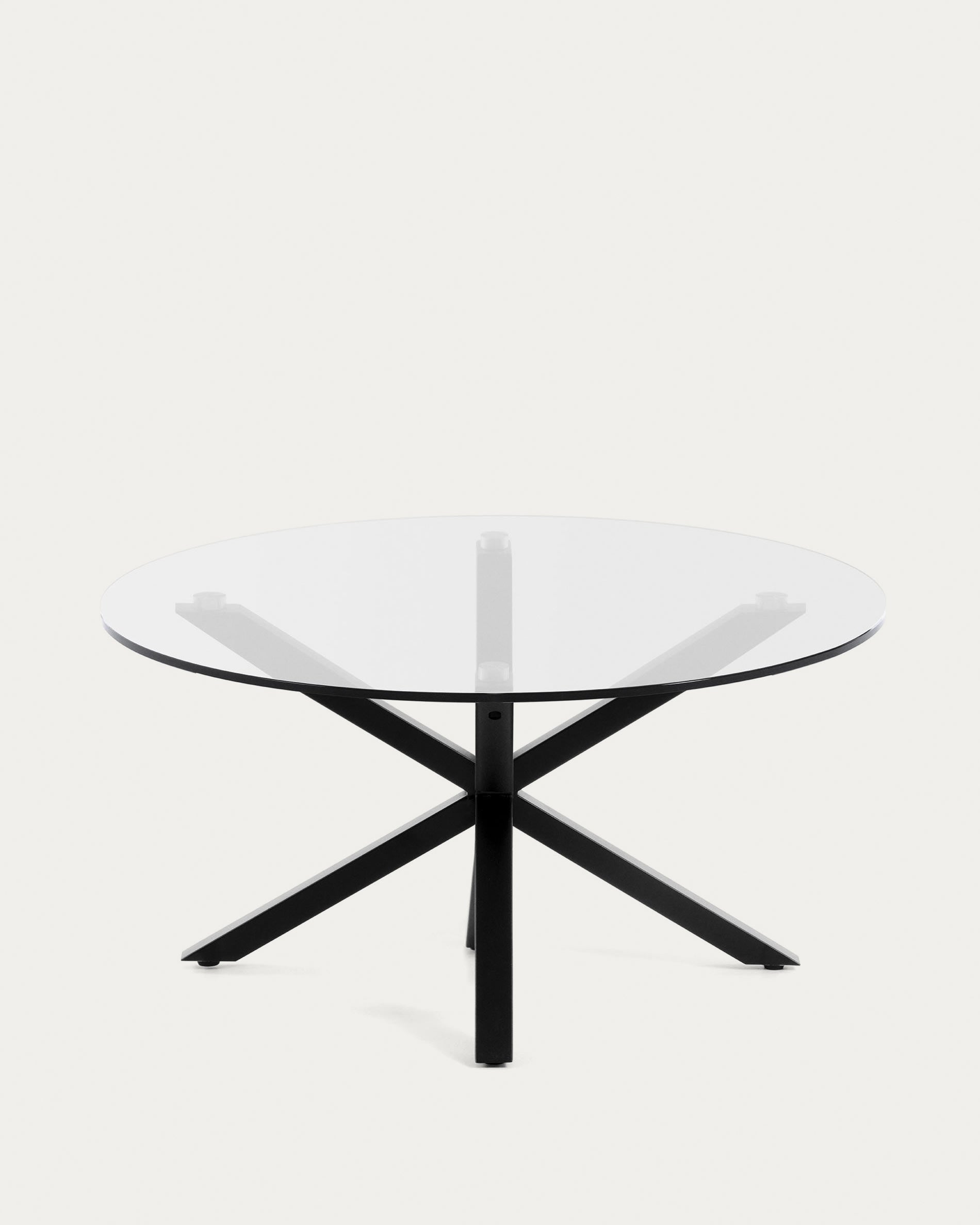 3D-Modell eines eleganten Glastisches mit schwarzen Stahlbeinen, Ø 82 cm, modern und robust für stilvolle Wohnräume.