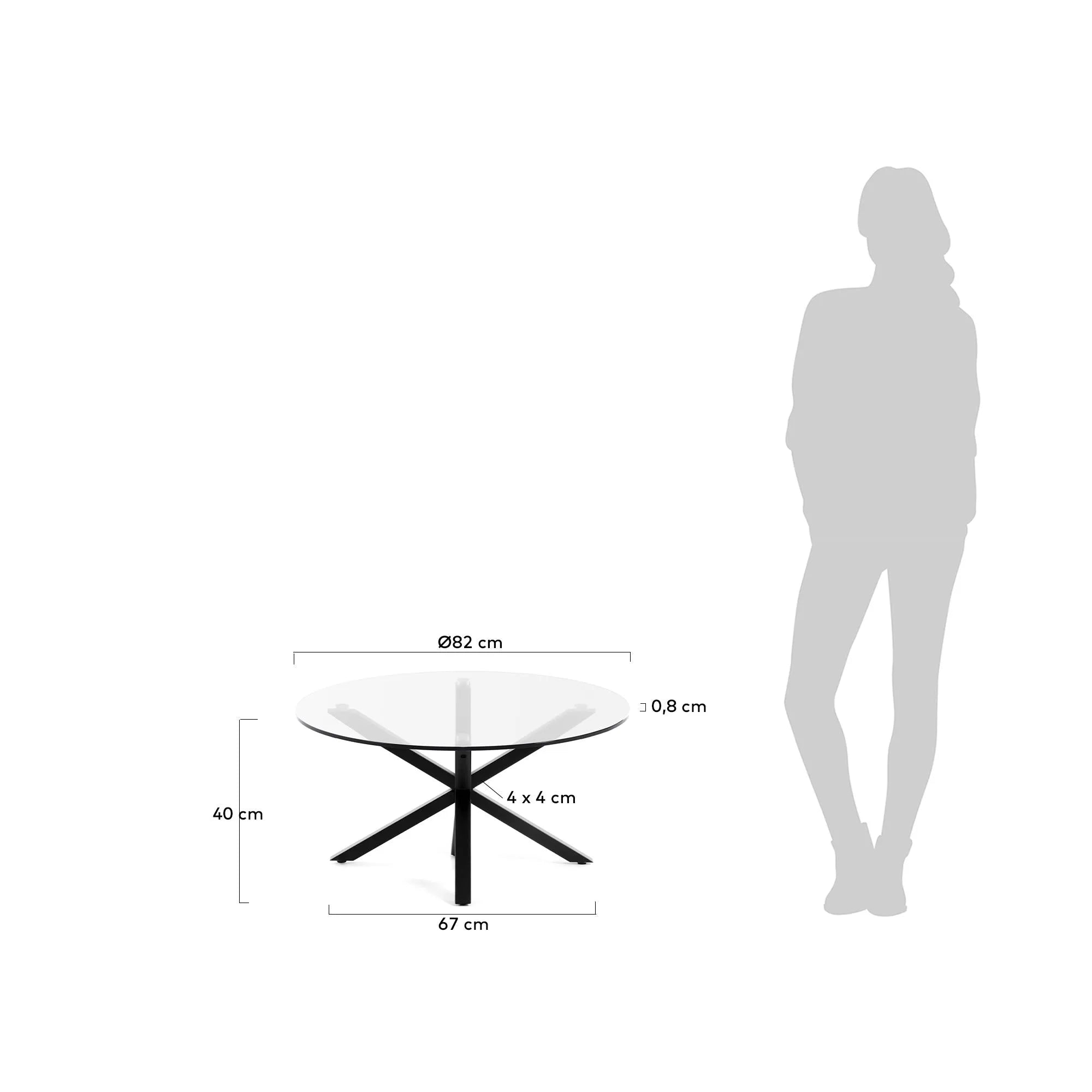 Eleganter Couchtisch Argo Ø 82 cm mit Glasplatte und schwarzen Stahlbeinen, perfekt für moderne Wohnräume und stilvolles Ambiente.