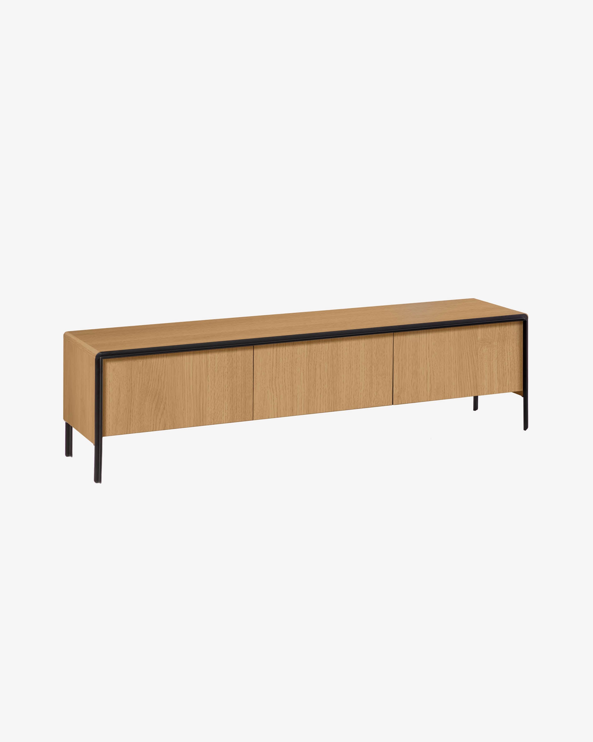 Eleganter TV-Schrank Nadyria aus Eichenfurnier und schwarzem Stahl, 3 Türen, ideal für ein modernes Wohnambiente, Maße 180 x 50 cm.