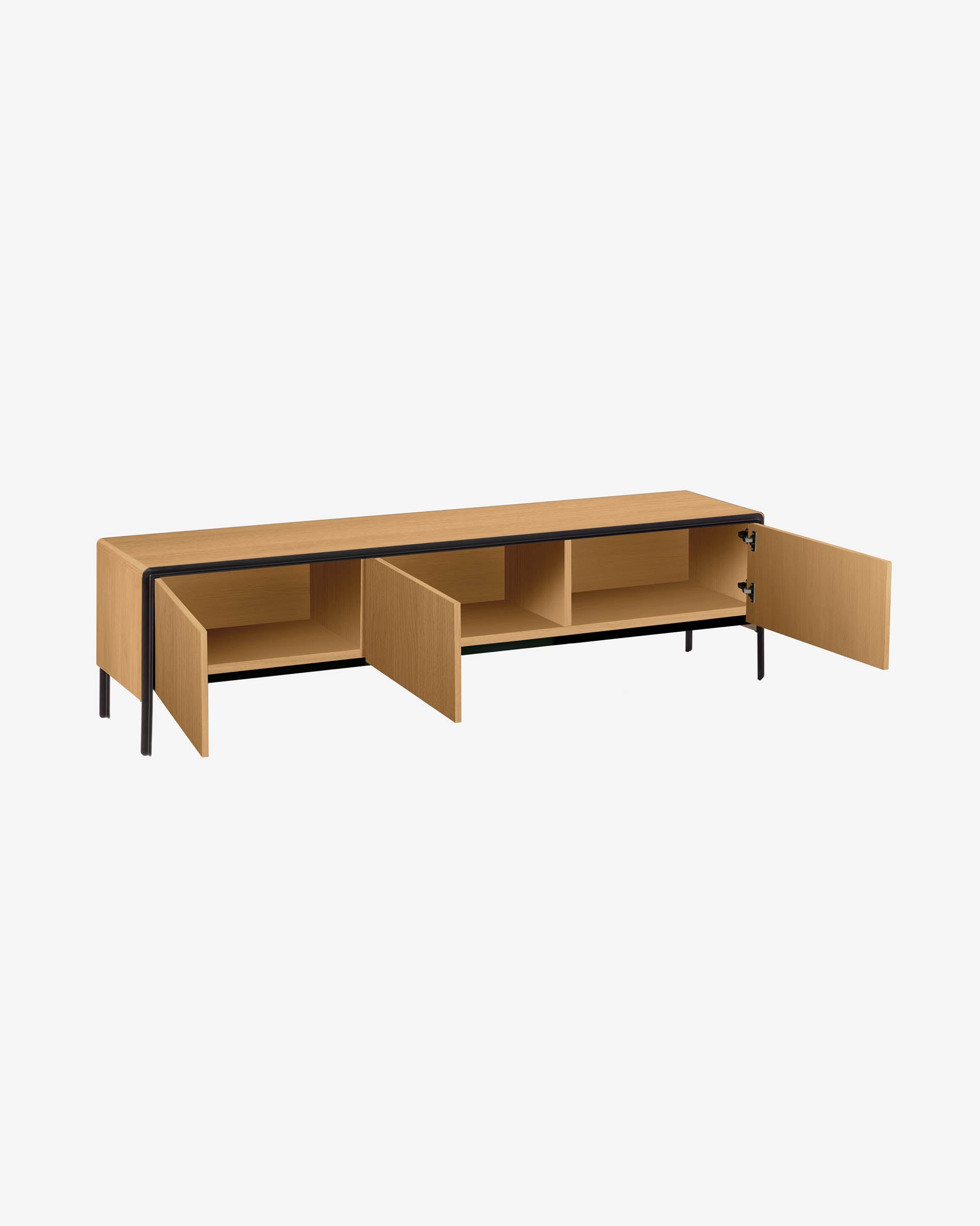 Moderner TV-Schrank Nadyria mit 3 Türen aus Eichenfurnier und schwarzem Stahl, perfekt für stilvolle Wohnräume, Maße 180 x 50 cm.