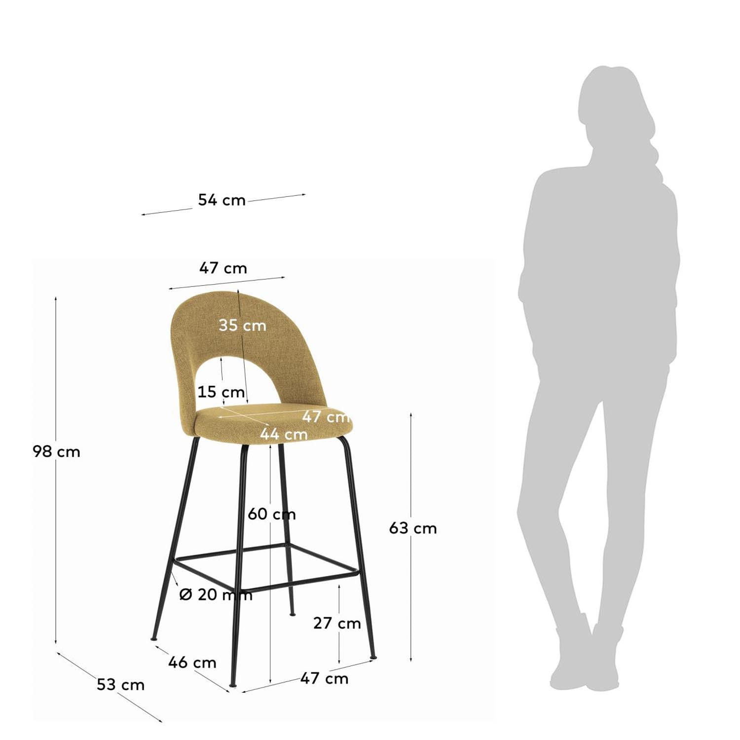 Entdecken Sie den stilvollen Mahalia Barhocker in senfgelb mit robustem Stahlrahmen. Ideal für Bars und Küchen, bietet er Komfort und modernes Design.