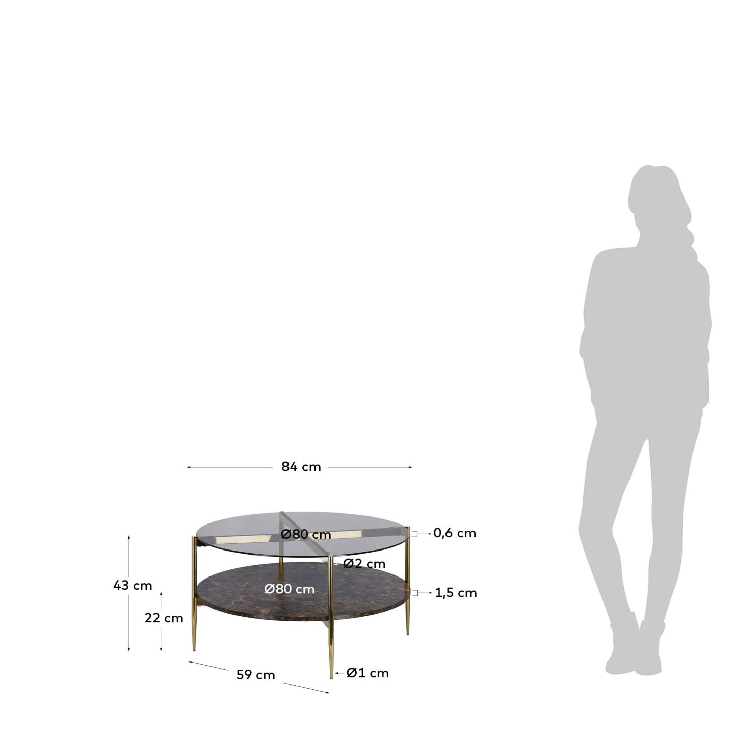 Moderner Kamilah Couchtisch Ø 84 cm von Kave Home, kombiniert getöntes Glas und Marmoreffekt für ein stilvolles Ambiente in jedem Wohnzimmer.