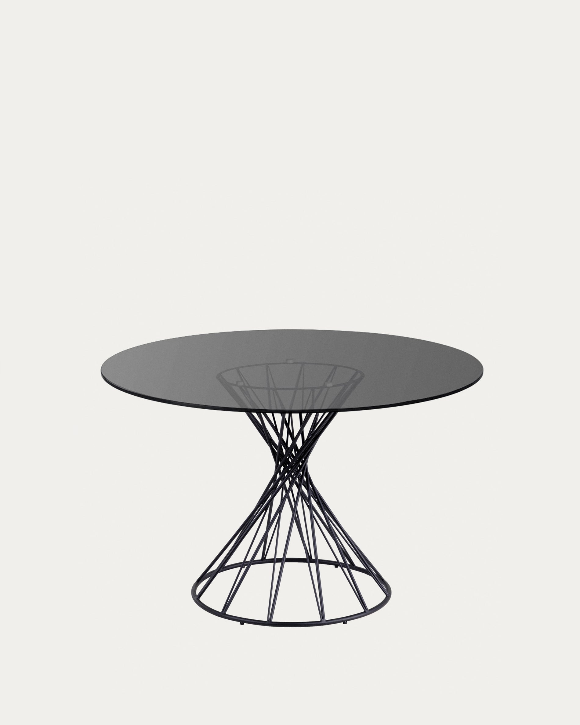 3D-Modell: Runder Tisch, 120 cm Glasplatte, schwarze Stahlbeine, modernes Design, ideal für stilvolle Esszimmer.